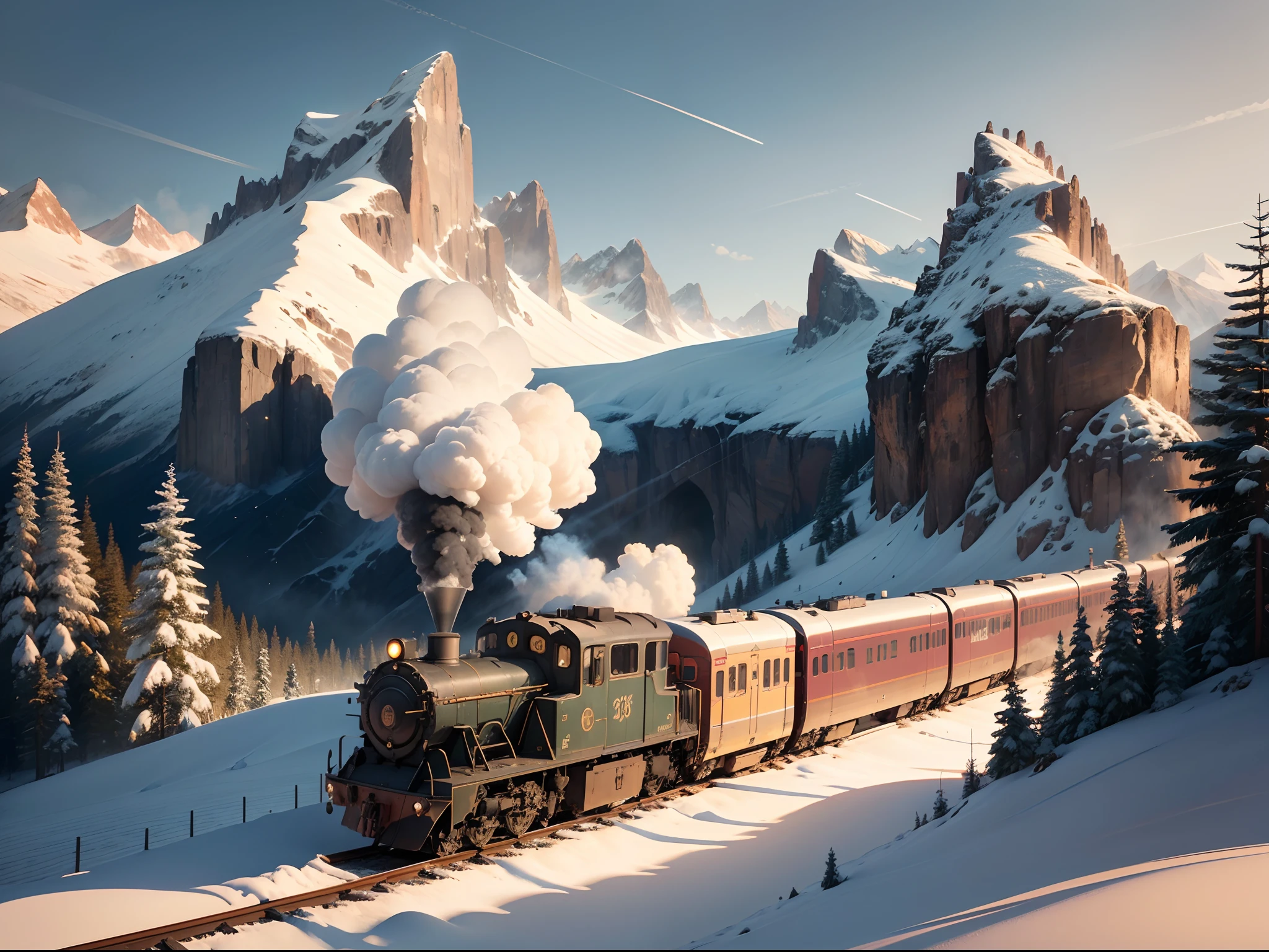 there is a train that is going down the tracks in the mountains, adventure hyper realistic render, Detailed scenery —width 672, Stylized digital illustration, locomotive, detailed digital artwork, best on adobe stock, inspired by Mike Winkelmann, 4k highly detailed digital art, author:Mike Winckelman, Stylized digital art, trains, trains in the background