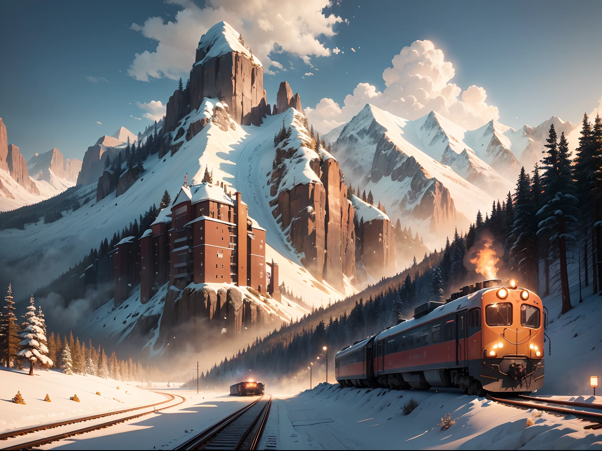 there is a train that is going down the tracks in the mountains, adventure hyper realistic render, Detailed scenery —width 672, Stylized digital illustration, locomotive, detailed digital artwork, best on adobe stock, inspired by Mike Winkelmann, 4k highly detailed digital art, author:Mike Winckelman, Stylized digital art, trains, trains in the background