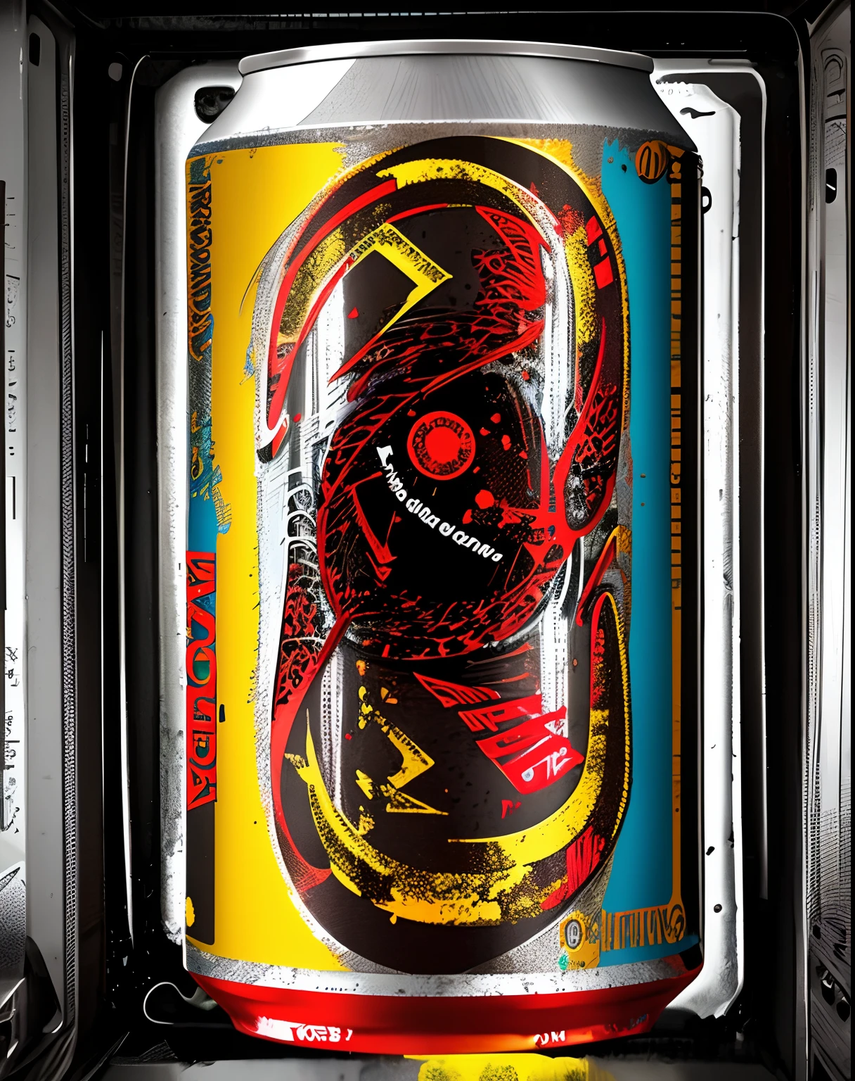Design a captivating image of a highly detailed soda can, inspirado en el misterioso mundo de Stranger Things y el amenazante Demogorgon. The can should incorporate elements that capture the essence of both the iconic TV series and the fearsome creature of the Upside Down... Let your imagination run wild as you infuse design with a sense of mystery, peligro, y nostalgia. From typography and color scheme to texture and overall composition, Crear una imagen que transporte a los espectadores a un reino donde lo ordinario y lo extraordinario chocan.