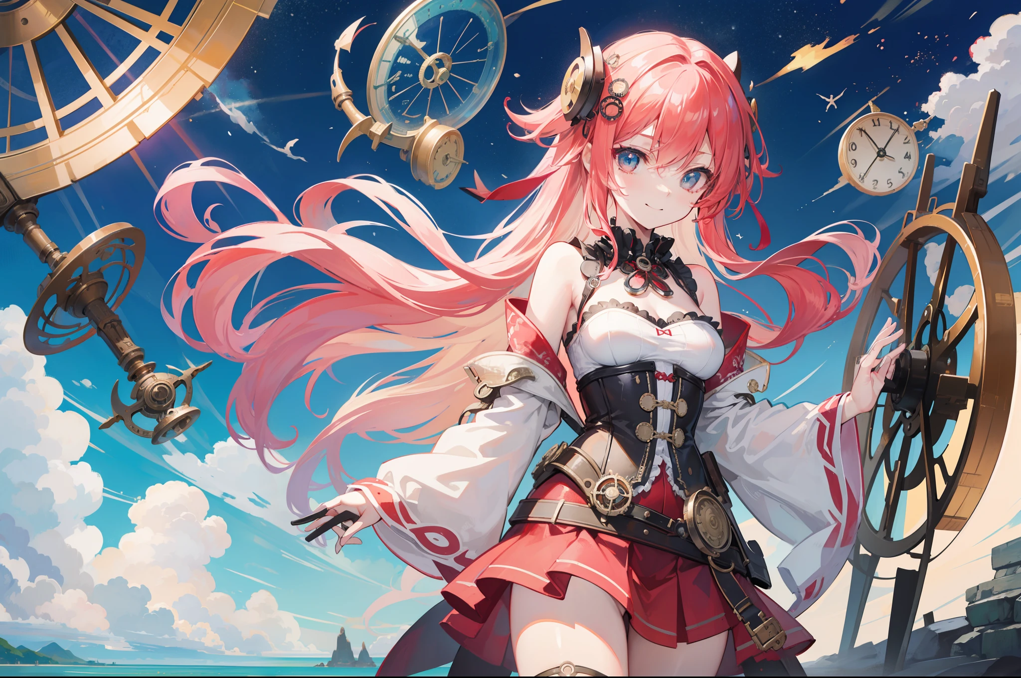 the beach、steampunc、steams、Vapors in the air、gear wheel, Clocks and plumbing、夏天、Beautuful Women、Steampunk style colorful swimsuit、Depiction of red only、Midday Sun、steams、Large space、high sky、clouds、intricate illustrations、Overwhelming drawing、Smooth depiction、Countless gear and watch decorations、Sheer sunlight、Beautiful eyes drawn down to the smallest detail、perfectly proportions、Balance of the whole body、A smile、zoomout、ink drops、