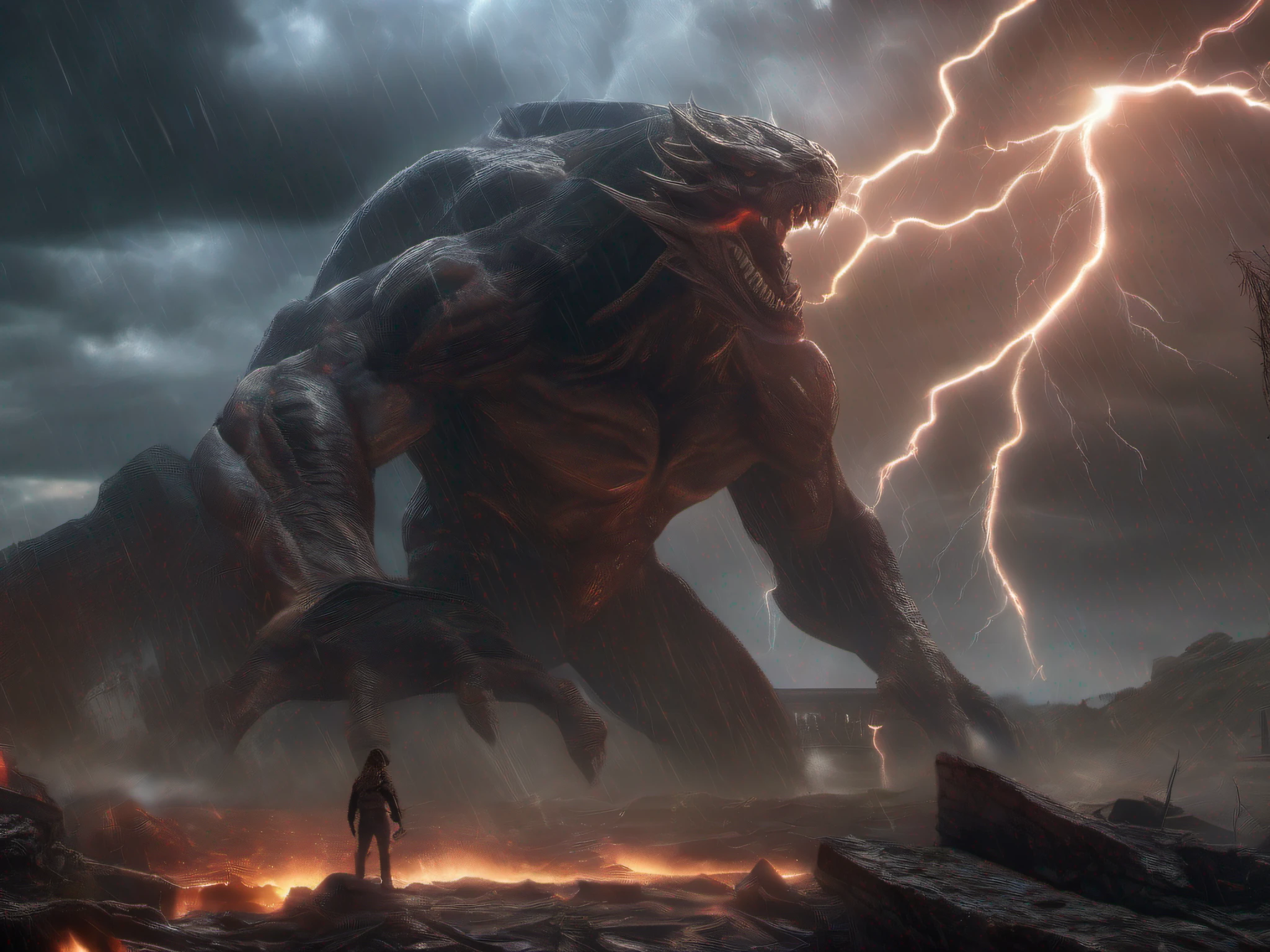 Close in the Monster, giant, rage, fury, fire atack, stormy weather, lightning, ruins, dynamic pose, alien ground, extreme lightning, scattered random lights, high resolution, 8K