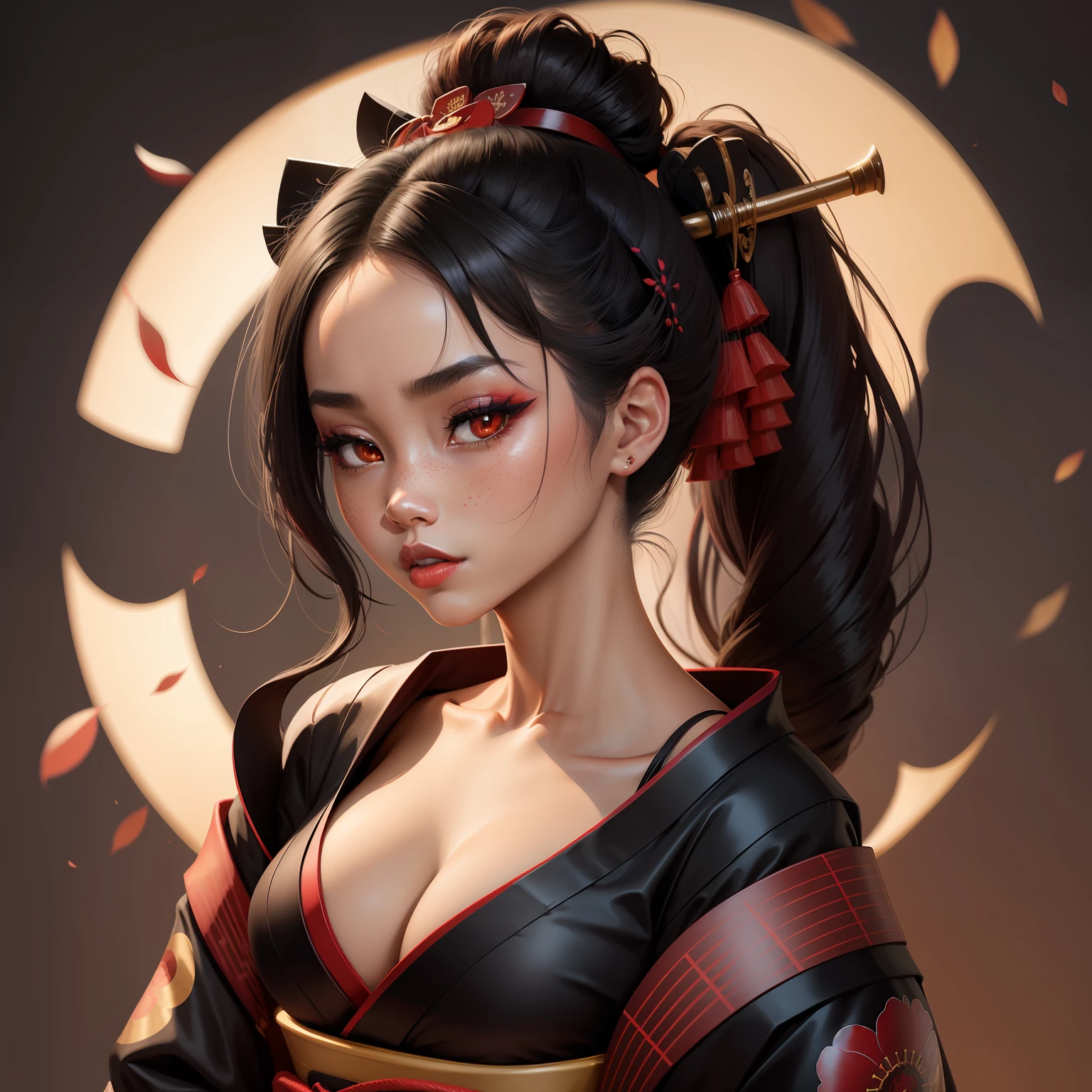 Seductive geisha, wear black kimono, black hair, red moon, dark skin complexion, cherry blossom on hair, 4k, almond eyes, big lip, logo, heart shape face, face fuller, sexy hair tied up, black eyes, dark red lipstick, female samurai warrior, swords, face shots, head shots, freckles on the face, up close head face shots, full hair, brown skin tanned