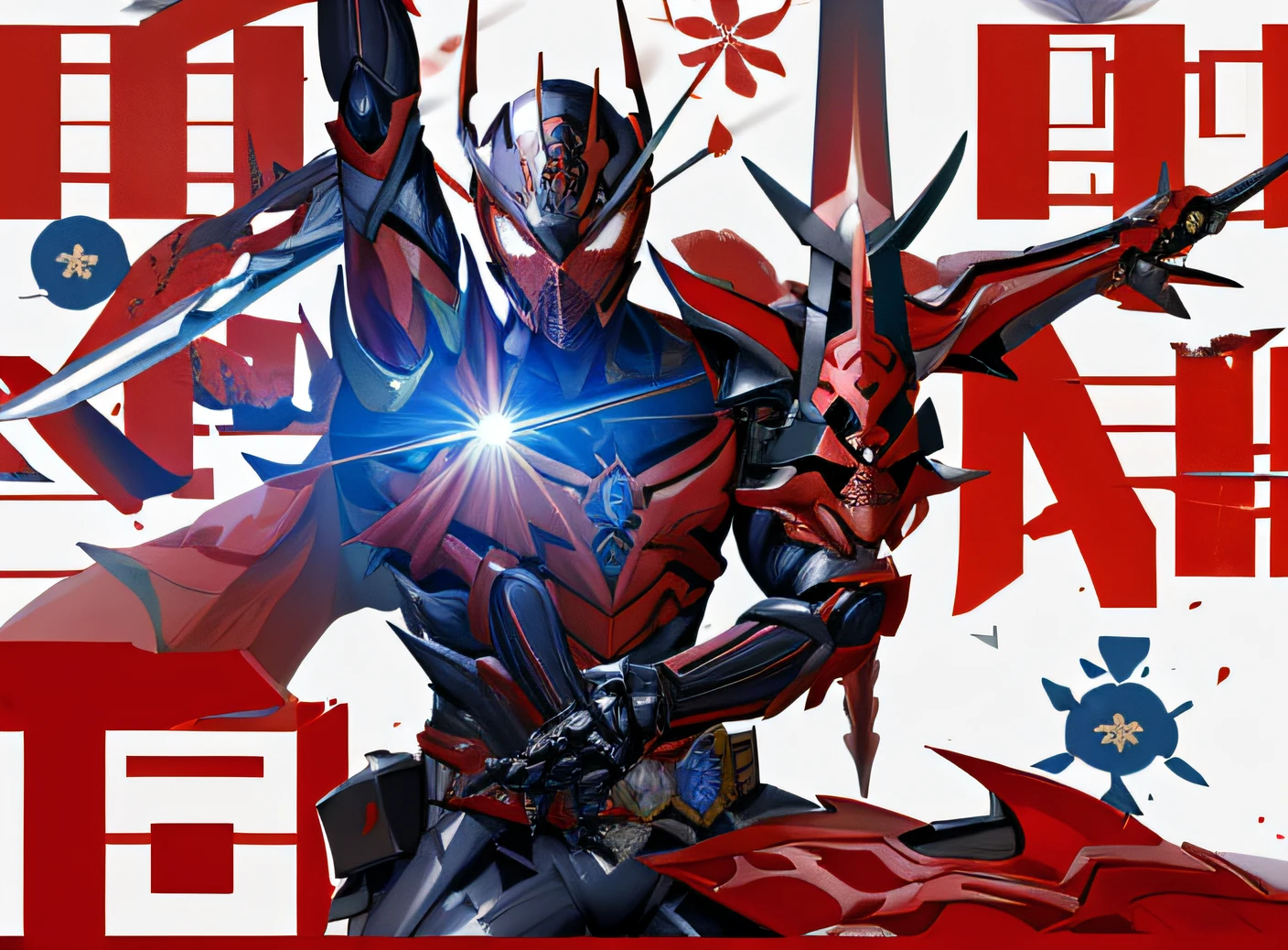 Dressed in red, Alabi holds a sword and a flower, high fantasy kamen rider, full samurai armor spiderman, kamen rider action pose, cyber japan samurai armor, shirow masamune, Dragon inspired blue armor, bio - mechanical ninja samurai, detailled image, incredible sharp detail, japanese action figure, blue and ice silver color armor, kamen rider character, Kamen Rider