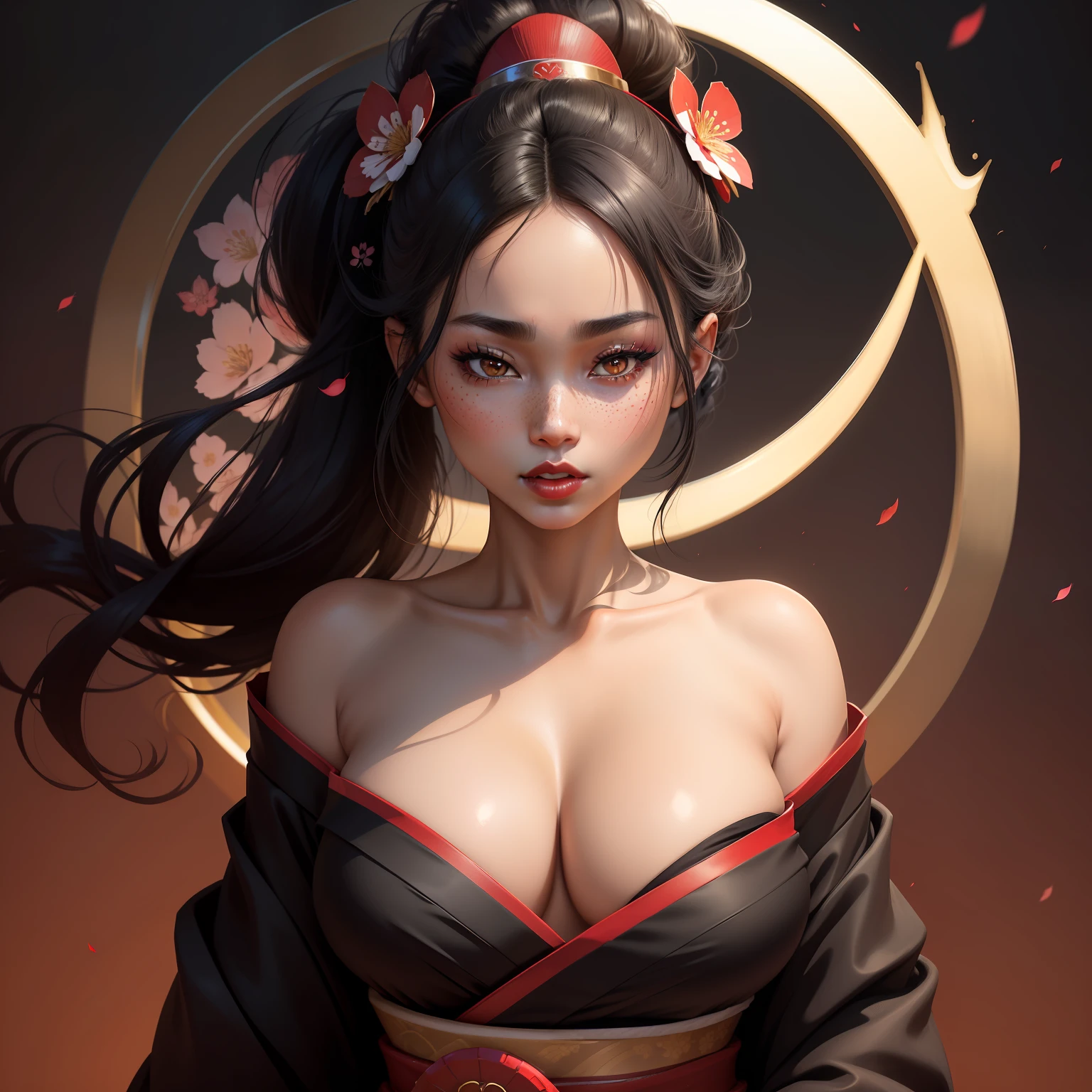 Seductive geisha, wear black kimono, black hair, red moon, dark skin complexion, cherry blossom on hair, 4k, almond eyes, big lip, logo, heart shape face, face fuller, sexy hair tied up, black eyes, dark red lipstick, female samurai warrior, swords, face shots, head shots, freckles on the face, up close head face shots, full hair, brown skin tanned