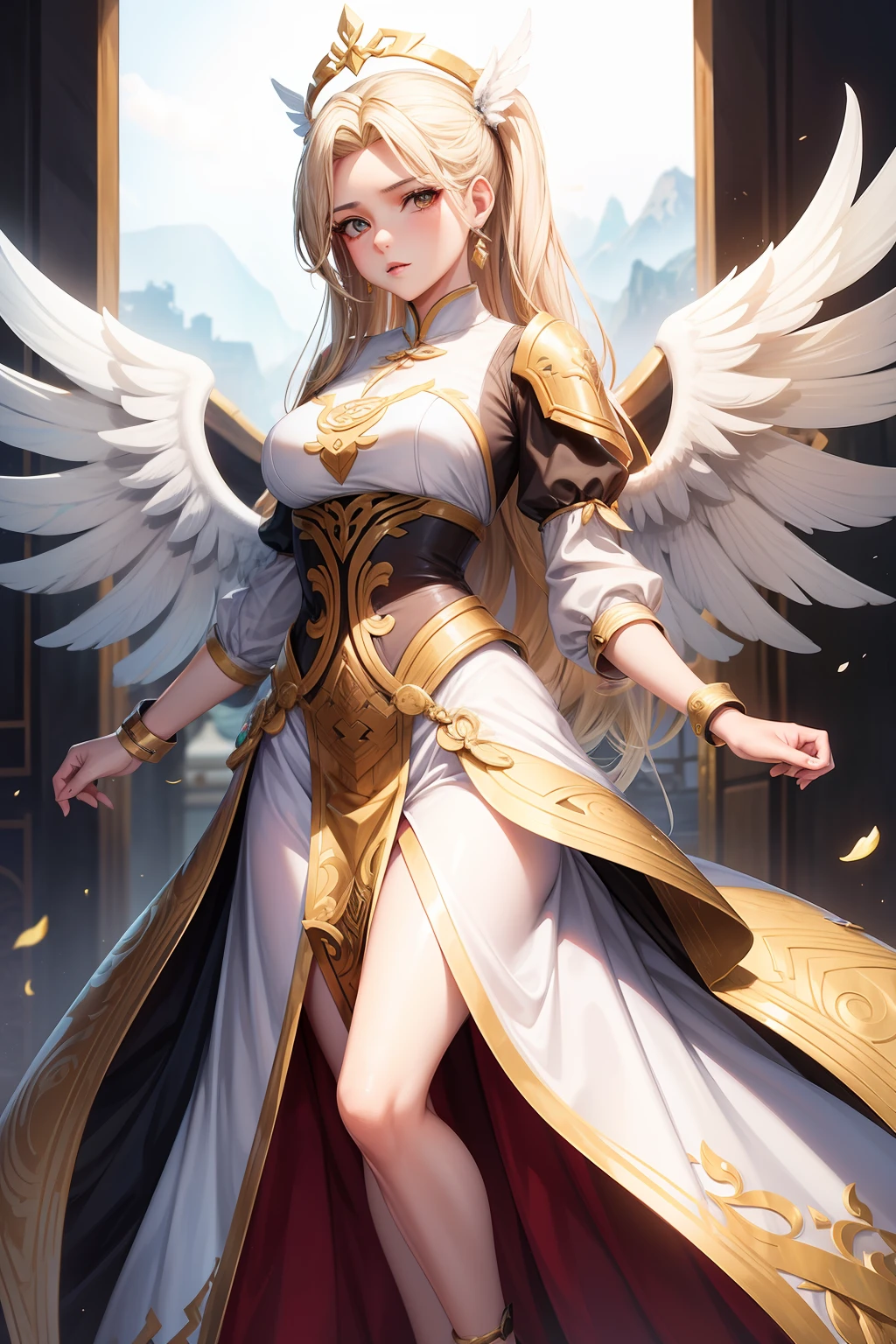 mulher loira, de descendencia inglesa, de roupa estilo oriental preto chines, xianxia de corpo inteiro, asas brancas angelicais, decote, expressao nervosa, peitos grandes, bunda grande, estilo cartoon,njo majestoso de corpo inteiro, tall female angel, design de roupa clara, Mercy do jogo Overwatch (2016), Xianxia de corpo inteiro, imagem de corpo inteiro, Full body there is a woman in a dress with wings on a catwalk, Anjo majestoso de corpo inteiro,