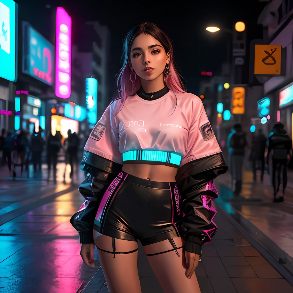 Foto RAW, Hermosa chica con ropa de futuro, Noche, se encuentra en medio de la ((Calle al estilo cyberpunk)), neon, lightning in the sky, La mejor calidad, Obra maestra, ultra-high-resolution, (fotorrealista:1.4), Foto RAW 8K, Professional Photography, Foto premiada, ((luz)) Cinematographer//,Textura natural de la piel, Cara y ojos detallados, cabello rosado, primer plano, cara linda