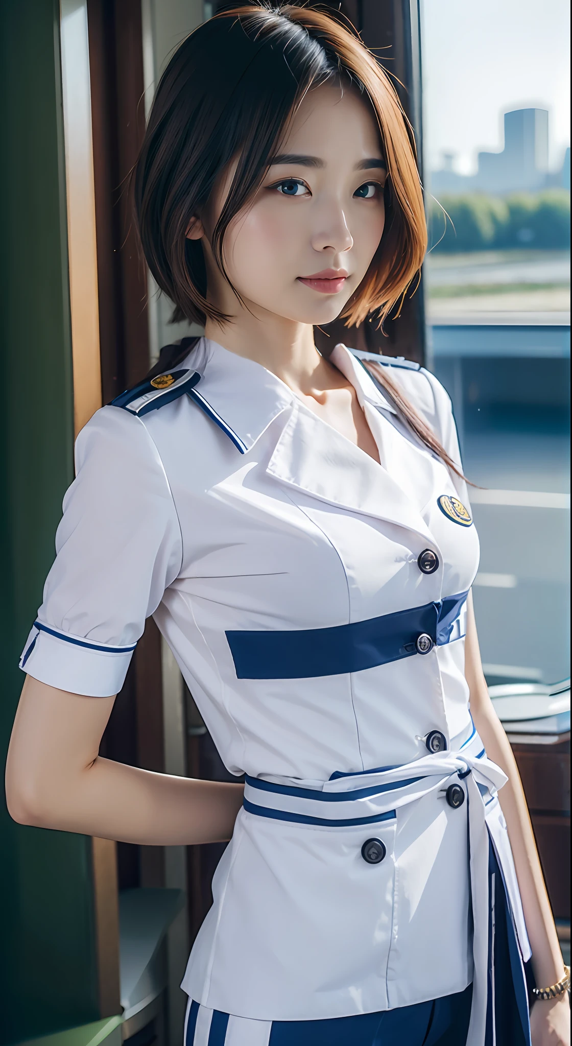 1 woman, policewoman, Police Uniform, Blue short-sleeved shirt, neck tie, Miniskirt, Belt bag, White Gloves