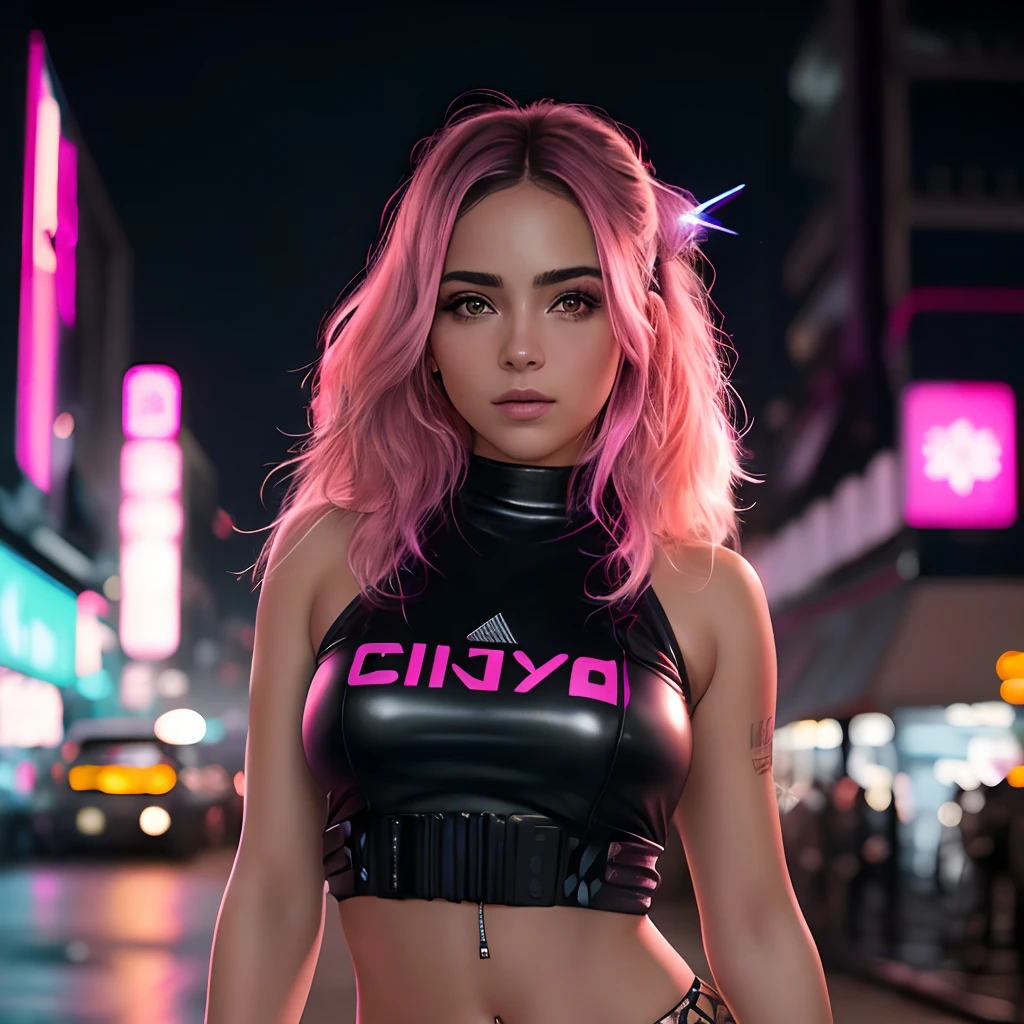 Foto RAW, Hermosa chica con ropa de futuro, Noche, se encuentra en medio de la ((Calle al estilo cyberpunk)), neon, lightning in the sky, La mejor calidad, Obra maestra, ultra-high-resolution, (fotorrealista:1.4), Foto RAW 8K, Professional Photography, Foto premiada, ((luz)) Cinematographer//,Textura natural de la piel, Cara y ojos detallados, cabello rosado, primer plano, cara linda