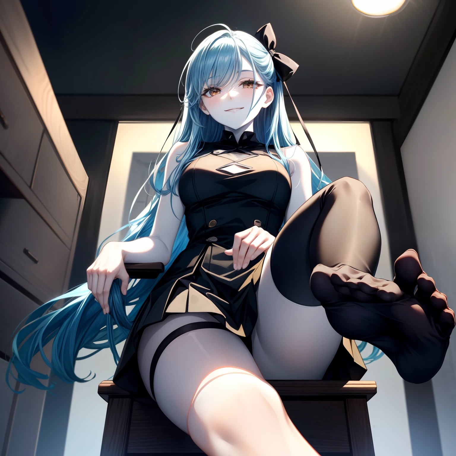 from below, (black thighhighs), showing foot to viewer, (foot focus), (presenting foot), looking at viewer, from below, ((hand on own thigh)), eyelashes, (pale skin:1.5), anime style, masterpiece, 8k, sharp details, 1girl, solo, light blue hair, full body black dress with skirt, mature female, medium breasts, black side twin hair ribbon, brown eyes, long hair, sleeveless, closed mouth, crossed legs, smile, sitting