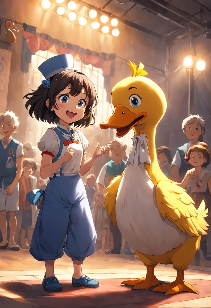 Chapter 4: Ties of Friendship
After the emotional show, Lisa and Pedro felt that something special was about to happen backstage. They were invited to a reserved area, where they met Dodo, a duck with disheveled feathers and a curious look. Dodo dreamed of becoming a stand-up comedian and shared his wish with the kids.
Lisa and Pedro were excited about the idea and soon became friends with Dodo. Together, they spent hours creating jokes and developing a hilarious number. Dodo told his jokes, while Lisa and Pedro made funny gestures and faces. Gradually, they put on a show that made everyone laugh, including Laughing Master and Popcorn Clown.
It's time for Dodo to take the stage. Lisa, Pedro and Dodo bravely faced the public. Dodo told his jokes, and the children followed along with their comical expressions. The audience laughed out loud, applauding Dodo's courage and the children's team spirit.
At the end of the show, the Laughing Master hugged Lisa, Pedro and Dodo, praising the strength of their friendship and the way they managed to make everyone laugh together. Dodo realized that the real magic of the circus was not just in the animals' funny tricks, but in the special connection between people and animals.
Lisa, Pedro and Dodo became inseparable friends, continuing to travel with the Circus of Funny Animals and spreading laughter and joy wherever they went. They learned that friendship is the greatest reward of all, and that the power to make someone smile is one of the most special things anyone can offer. Together, they formed an unlikely trio, united by bonds of friendship that would last forever.