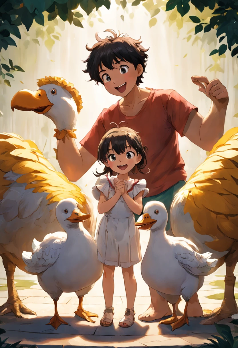 Chapter 4: Ties of Friendship
After the emotional show, Lisa and Pedro felt that something special was about to happen backstage. They were invited to a reserved area, where they met Dodo, a duck with disheveled feathers and a curious look. Dodo dreamed of becoming a stand-up comedian and shared his wish with the kids.
Lisa and Pedro were excited about the idea and soon became friends with Dodo. Together, they spent hours creating jokes and developing a hilarious number. Dodo told his jokes, while Lisa and Pedro made funny gestures and faces. Gradually, they put on a show that made everyone laugh, including Laughing Master and Popcorn Clown.
It's time for Dodo to take the stage. Lisa, Pedro and Dodo bravely faced the public. Dodo told his jokes, and the children followed along with their comical expressions. The audience laughed out loud, applauding Dodo's courage and the children's team spirit.
At the end of the show, the Laughing Master hugged Lisa, Pedro and Dodo, praising the strength of their friendship and the way they managed to make everyone laugh together. Dodo realized that the real magic of the circus was not just in the animals' funny tricks, but in the special connection between people and animals.
Lisa, Pedro and Dodo became inseparable friends, continuing to travel with the Circus of Funny Animals and spreading laughter and joy wherever they went. They learned that friendship is the greatest reward of all, and that the power to make someone smile is one of the most special things anyone can offer. Together, they formed an unlikely trio, united by bonds of friendship that would last forever.