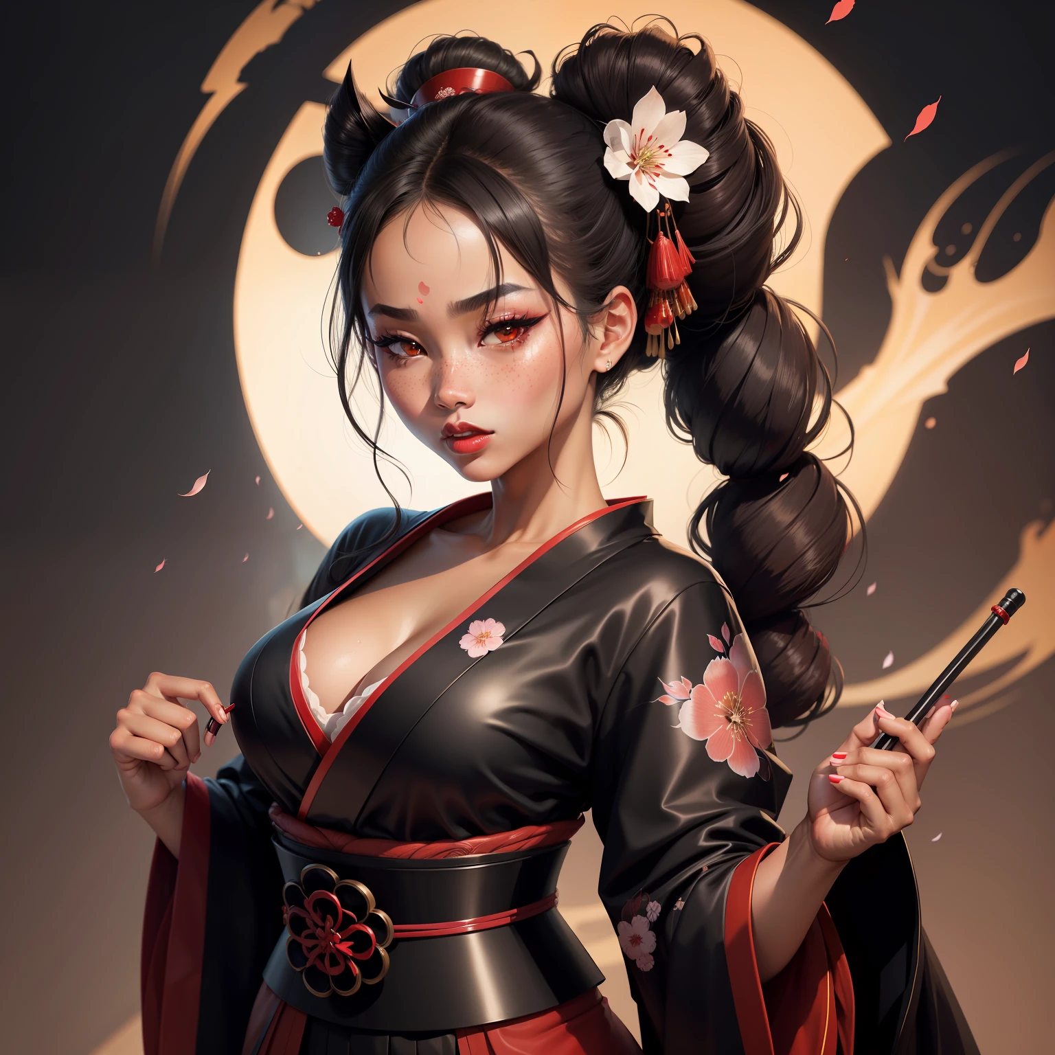 Seductive geisha, wear black kimono, black hair, red moon, dark skin complexion, cherry blossom on hair, 4k, almond eyes, big lip, logo, heart shape face, face fuller, sexy hair tied up, black eyes, dark red lipstick, female samurai warrior, swords, face shots, head shots, freckles on the face, up close head face shots, full hair, brown skin tanned