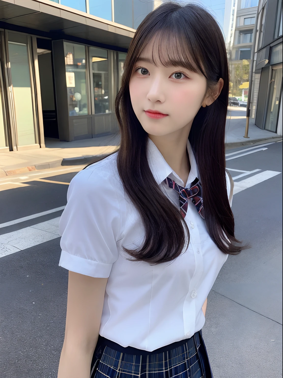 ((top-quality、8K、​masterpiece：1.3))、foco nítido：1.2、Beautiful schoolgirl in perfect style：1.4、A slender、((A dark-haired、tits out：1.2))、gravure model、(natural soft light、street snap、TOKYOcty、Harajuku:1.1)、Highly detailed facial and skin texture、A detailed eye、二重まぶた、Sweaty、A sexy、((Uniform 1.5))、jk suit plaid skirt pleated skirt shirt bowtie