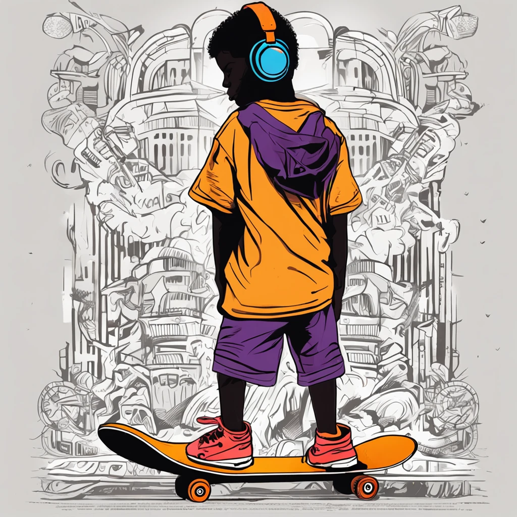 A print-ready vector illustration of a silhouette of a boy wearing skateboard clothes, caminhando de corpo inteiro. He wears headphones and is listening to Christian music. Catholic elements are vibrantly and thoroughly incorporated into the scene. The colors are vivid, and every detail is highly elaborated. O menino caminha em um ambiente urbano, with cobbled streets and old buildings around. The atmosphere is lively and full of positive energy, enquanto a luz do entardecer banha a cena, criando contrastes interessantes entre luz e sombra. The technique used is a realistic digital illustration, with crisp lines and vibrant colors, creating a balance between realism and expressiveness. --ar 16:9 --v 5