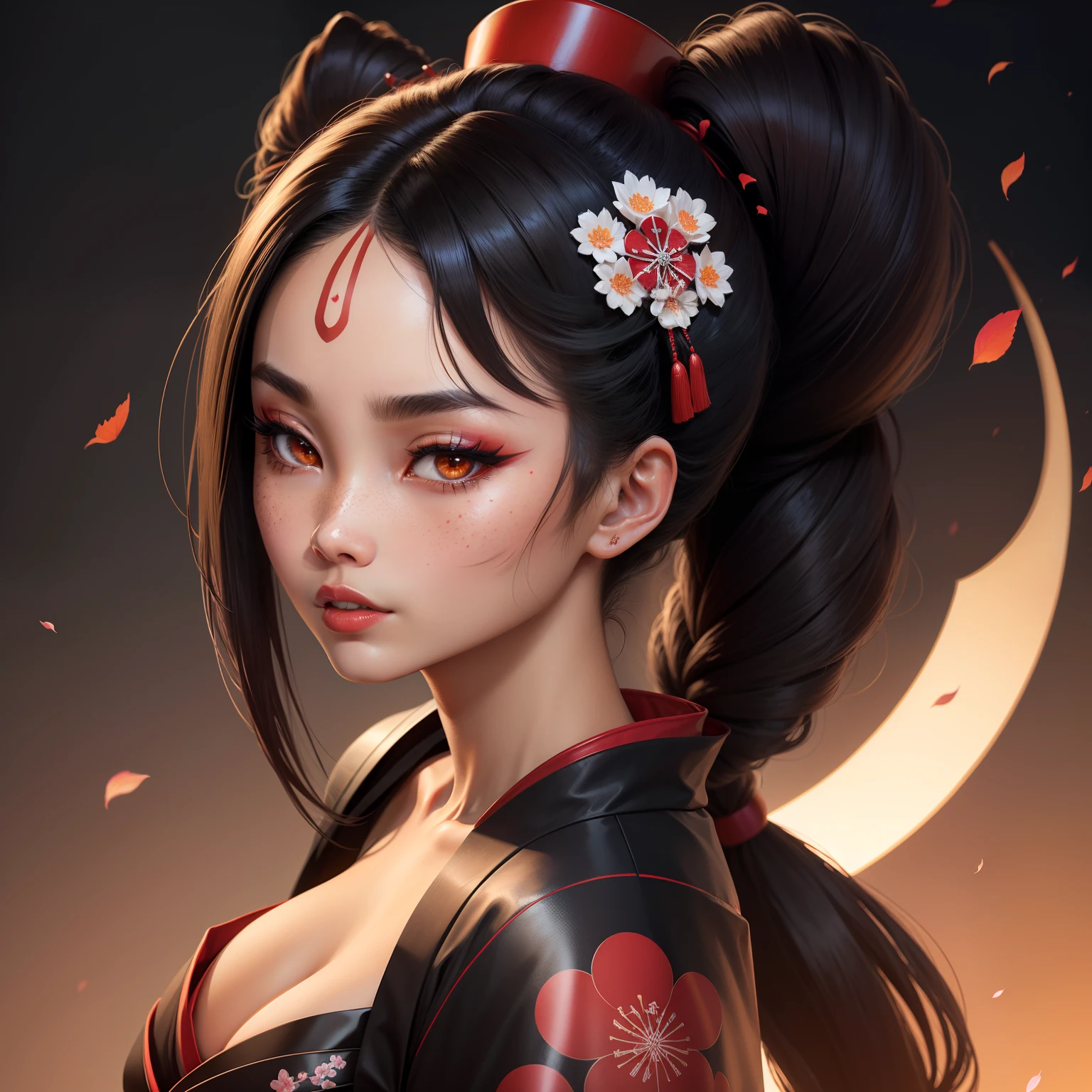 Seductive geisha, wear black kimono, black hair, red moon, dark skin complexion, cherry blossom on hair, 4k, almond eyes, big lip, logo, heart shape face, face fuller, sexy hair tied up, black eyes, dark red lipstick, female samurai warrior, swords, face shots, head shots, freckles on the face, up close head face shots, full hair, brown skin tanned
