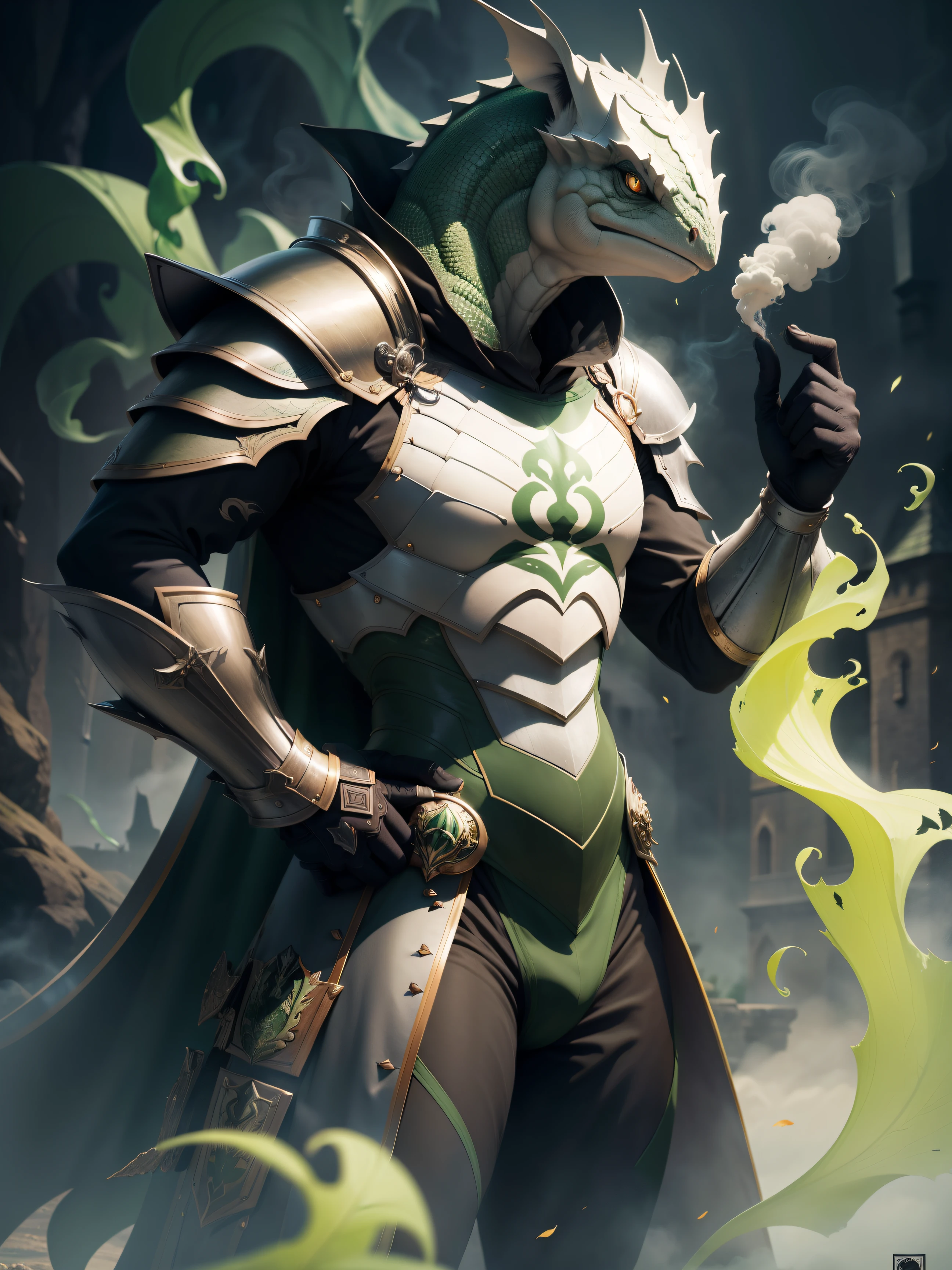 armadura dourada, Lagarto, escudo, castelo, veneno, smoke billowing, veneno verde, green smoke, Vapor verde, place covered with green smoke, veneno verde, green acid, gosma verde, action pose, demonio, armas, Rabo Asqueiroso, corpo inteiro,magro, esguio, Scales