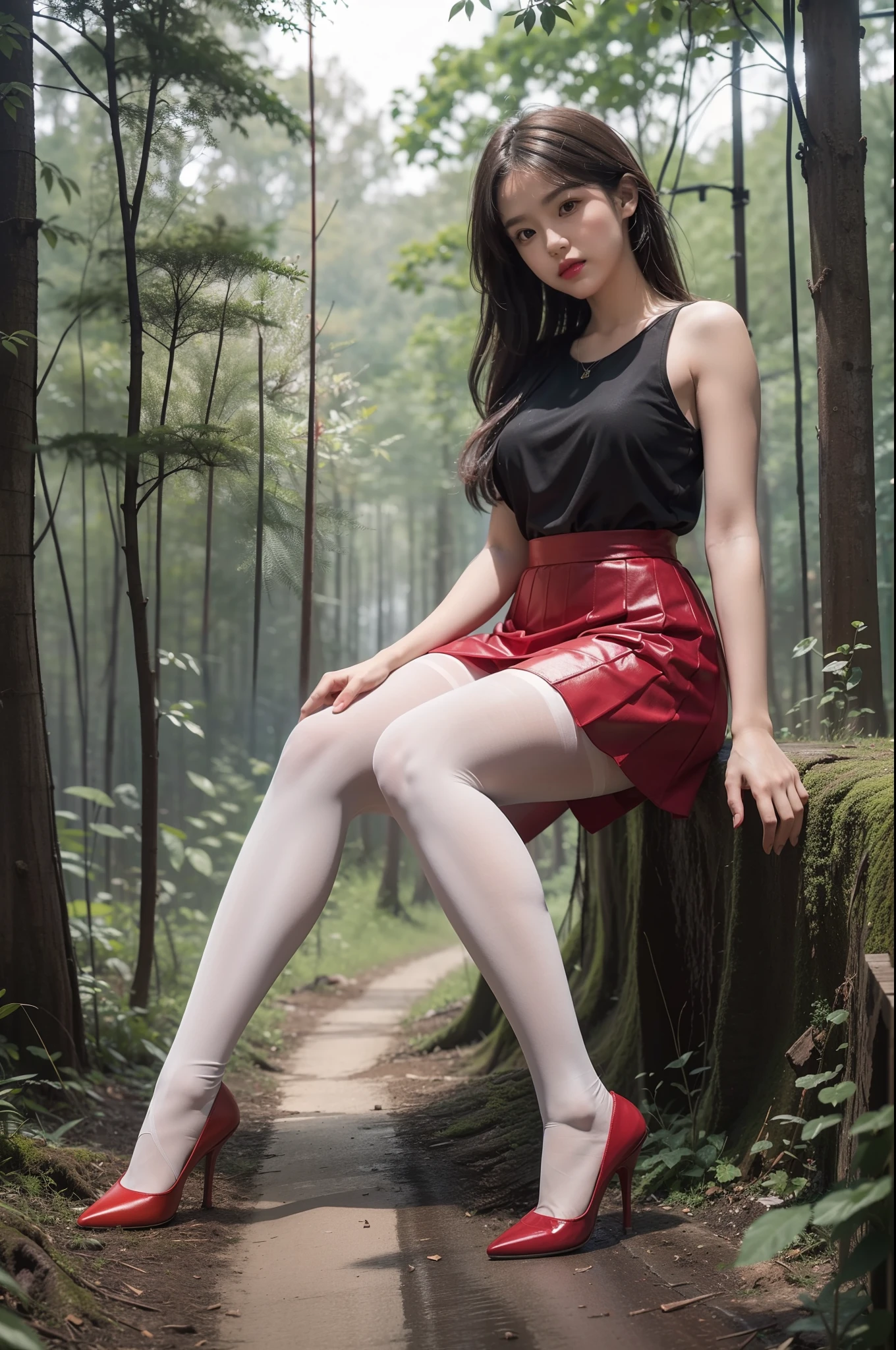 Female1people々,(full body figure:1.2), (nine-headed body:2.0), (thin thighs), (long and thin legs: 2.0),(Knee Stretch:2.0),(Height 2/3 is the foot:2.0), (pumps:1.2), Transparent white glossy skin, 25 years old, Cute sexy little face, red lips, parted lips, ( Hair parted to one side:1.5), blue eyes, sexy face, sexy young woman, long blonde shiny hair,Eyebrows are the same color as hair, choker,(Red silk top :1.3)(Red silk tight skirt :1.3), pantyhose, natural wavy hair, almond eye, Beautiful smile, My cheeks turned red, Medium chest, slender body shape, tight waist, small ass, (people々)The visible part of the thigh between the skirts, beautiful hands, thin shoulders, look at the audience, Skirt blowing in the wind, Standing position, tropical island々, bamboo forest morning