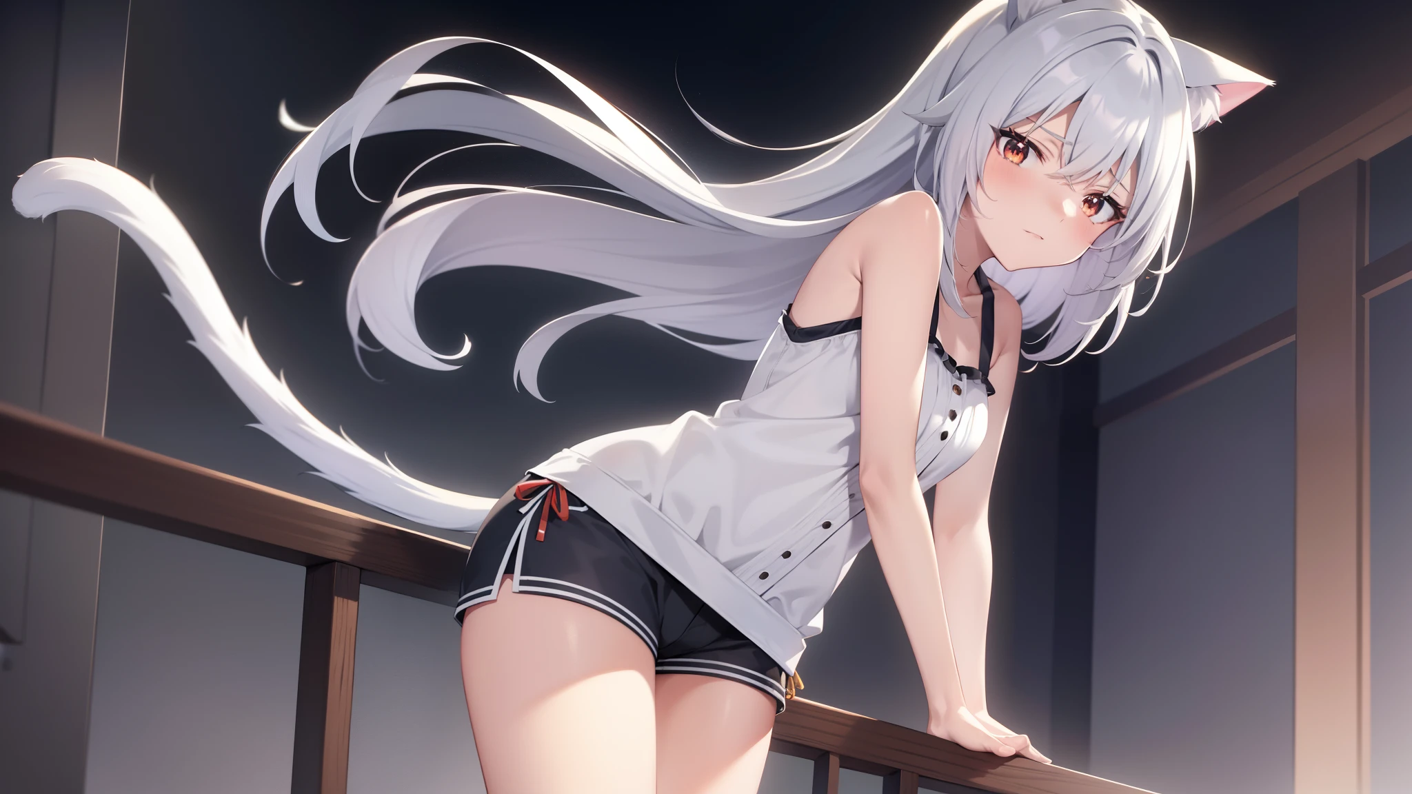 Anime masterpiece, Best quality, High_Resolution, High up detail, Extremely detailed and beautiful, 1 girl, Solo, Top perspective, Silver hair, The iris of the left eye is red, The iris of the right eye is orange/gold, Cat ears, Cat tail, in public, wear short shorts, arms back behind, Leaning forward.