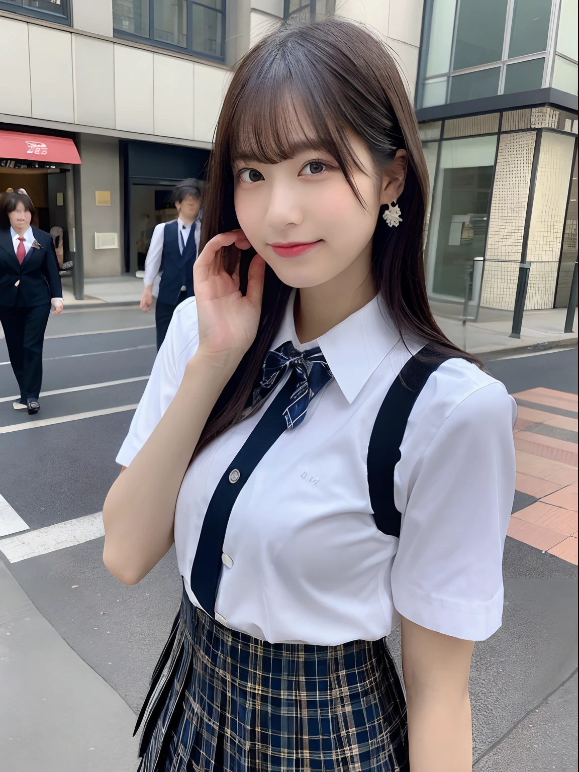 ((top-quality、8K、masterpiece:1.3))、foco nítido:1.2、Beautiful girl in perfect style:1.4、A slender、((A dark-haired、tits out:1.2))、gravure model、(natural soft light、street snap、TOKYOcty、Harajuku:1.1)、Highly detailed facial and skin texture、A detailed eye、二重まぶた、Sweaty、A sexy、((Uniform 1.5))、jk suit plaid skirt pleated skirt shirt bowtie