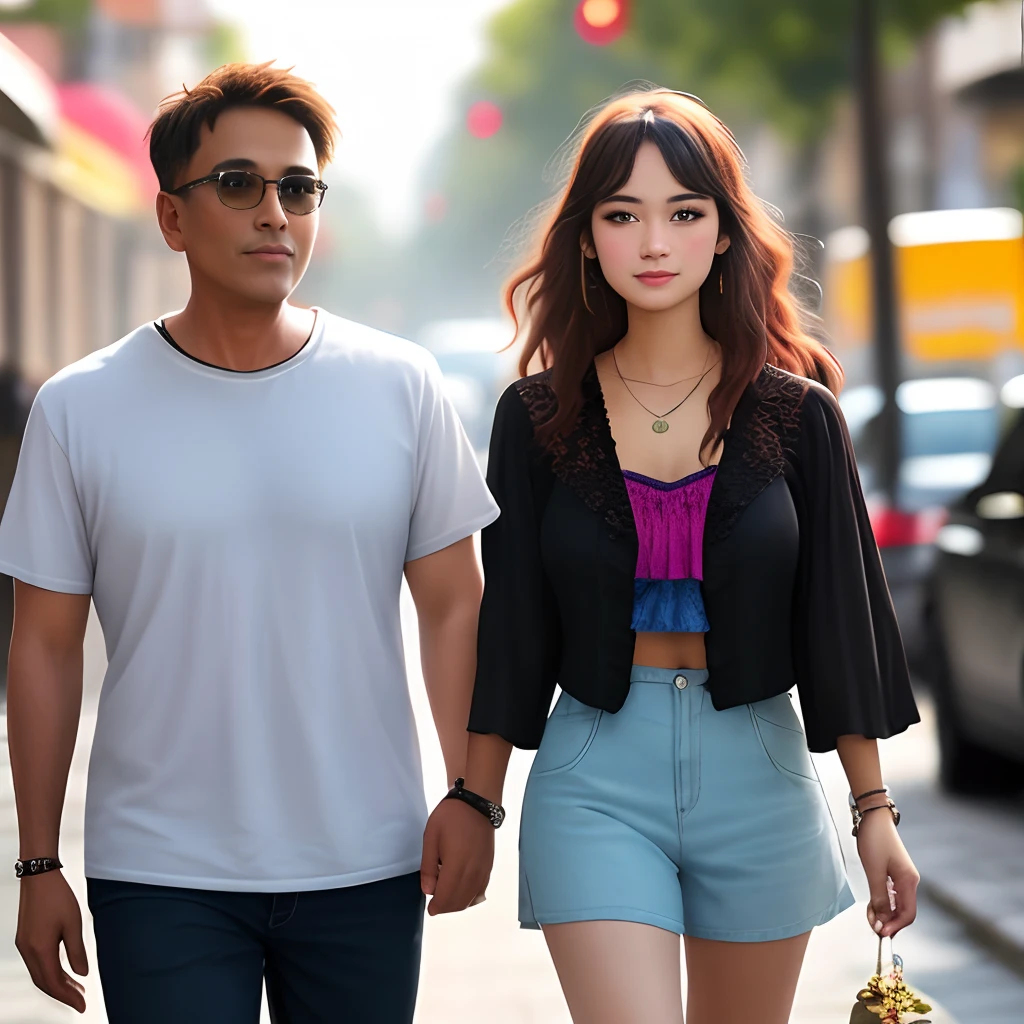 50-year-old successful man，Dressed appropriately and bohemian, a 20-year-old escort girl around her