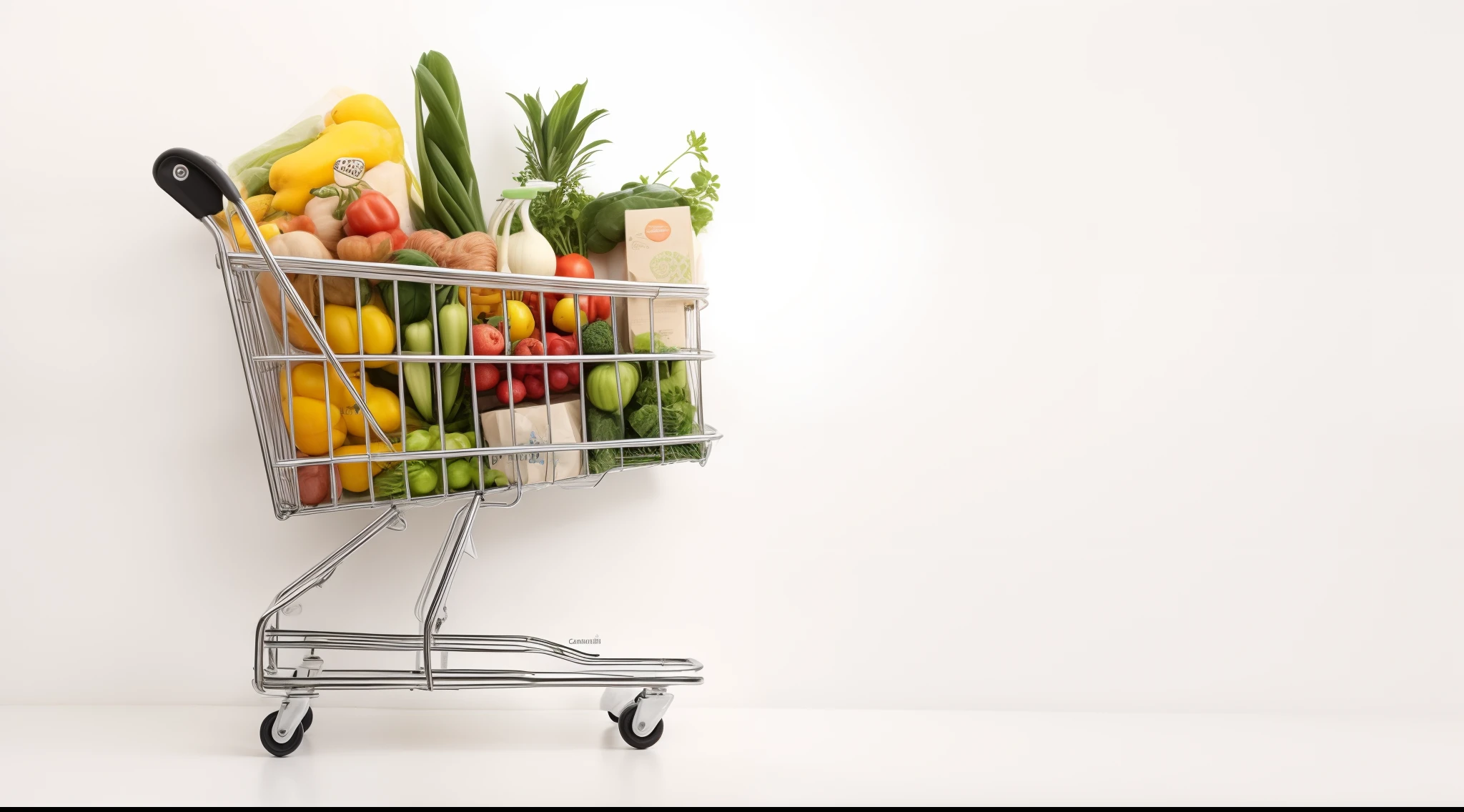 Carrito de compra lleno de comestibles en un fondo blanco