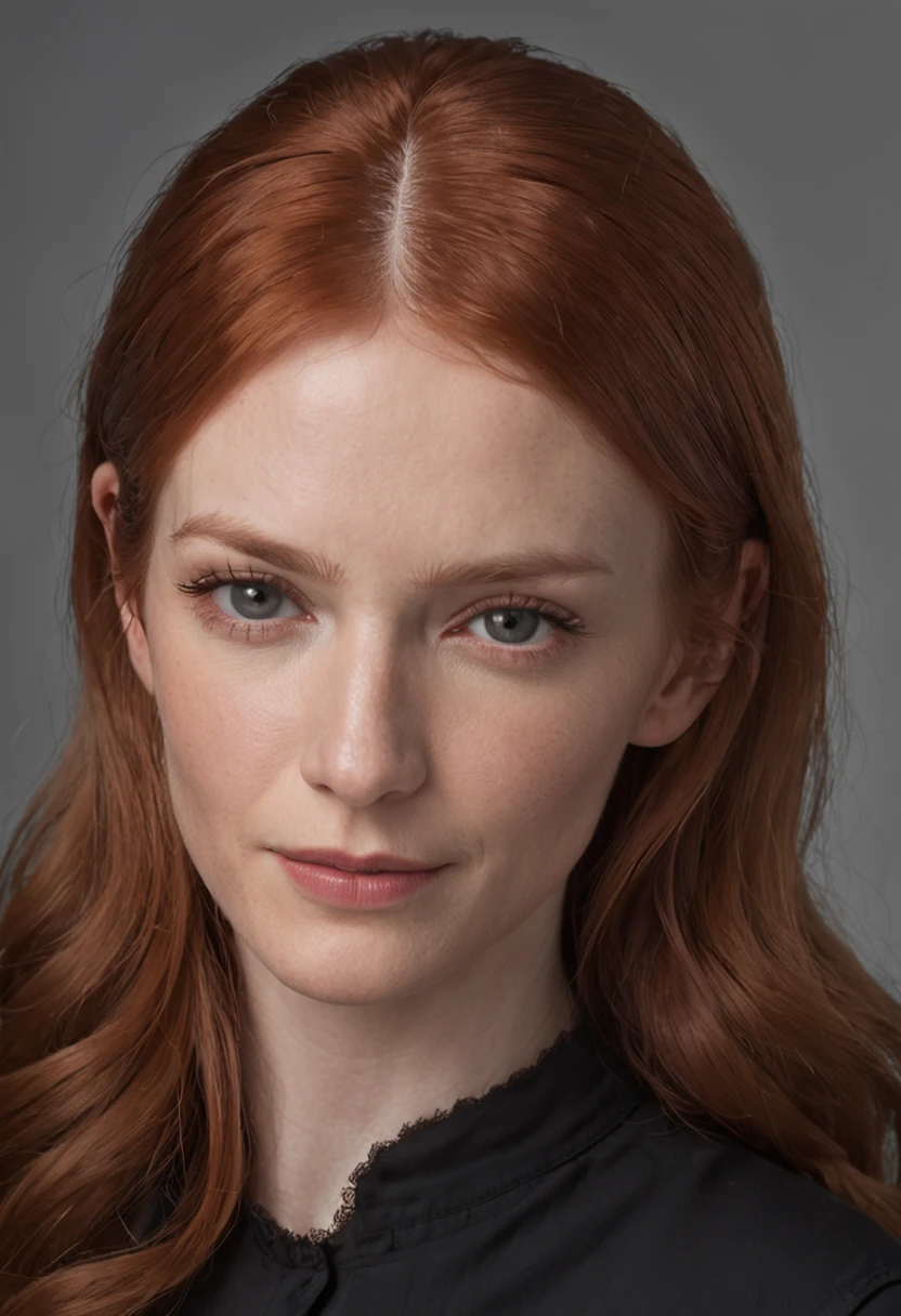 arafed woman with red hair and a black shirt posing for a picture, jessica chastain, bryce dallas howard, perdita weeks!, headshot portrait, headshot photograph, jodie bateman, closeup headshot portrait, acting headshot, stunning closeupheadshot, jodie whittaker, portrait sabrina lloyd, closeup headshot, stunning art, rainny, headshot photo, character headshot portrait, very very realistic