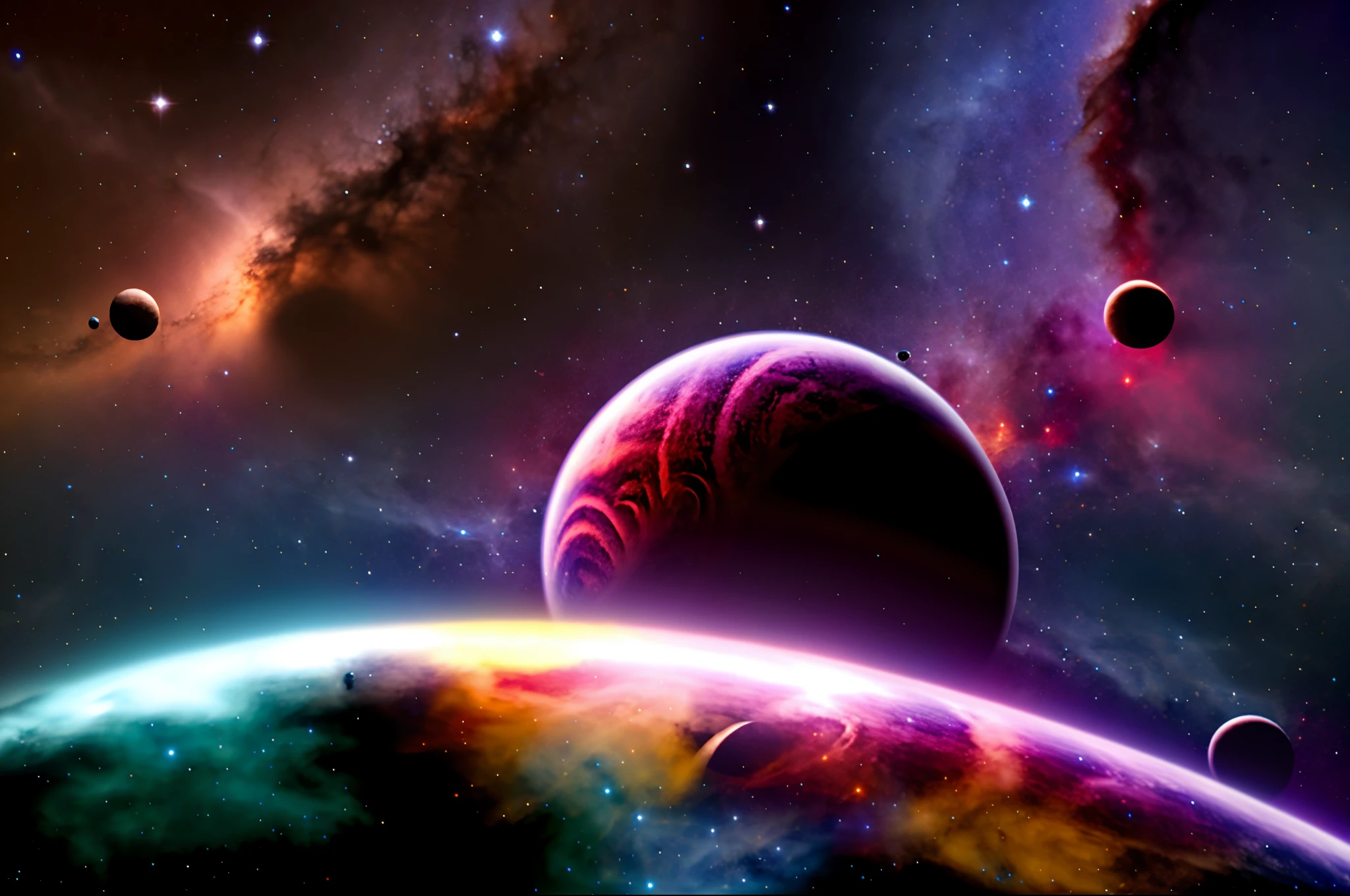 view of planets, Starcloud, moons, and cosmic phenomena, Rendered in 8K resolution