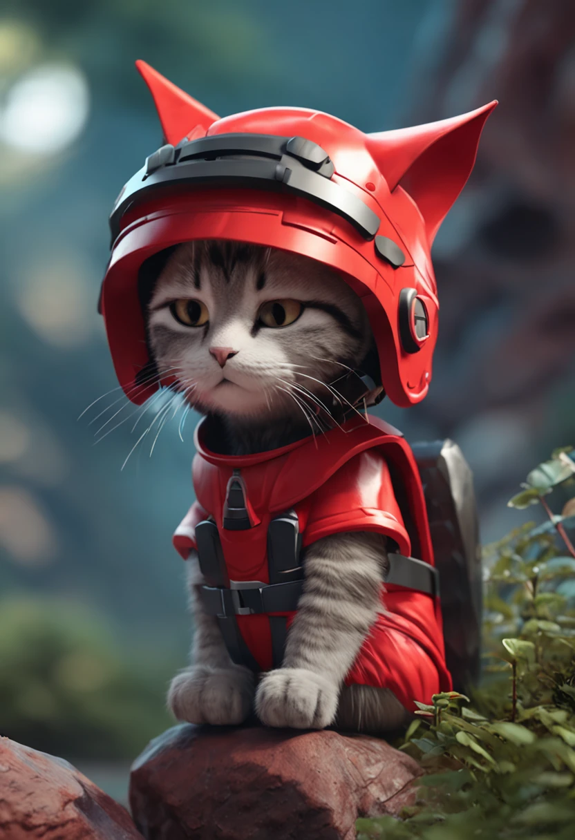 There is a cat in a helmet and a red dress, Low poly rendering inspired by Miaofu, Trending on CGSociety, Fantasy Art, cute detailed digital art, cute 3d render, Lovely digital painting, Cat Warrior, adorable digital art, 4K highly detailed digital art, [ Trending on CGSociety ]!!, 3d rendering stylized