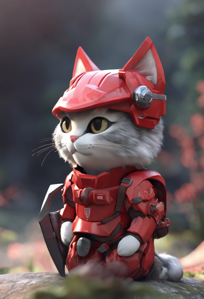 There is a cat in a helmet and a red dress, Low poly rendering inspired by Miaofu, Trending on CGSociety, Fantasy Art, cute detailed digital art, cute 3d render, Lovely digital painting, Cat Warrior, adorable digital art, 4K highly detailed digital art, [ Trending on CGSociety ]!!, 3d rendering stylized