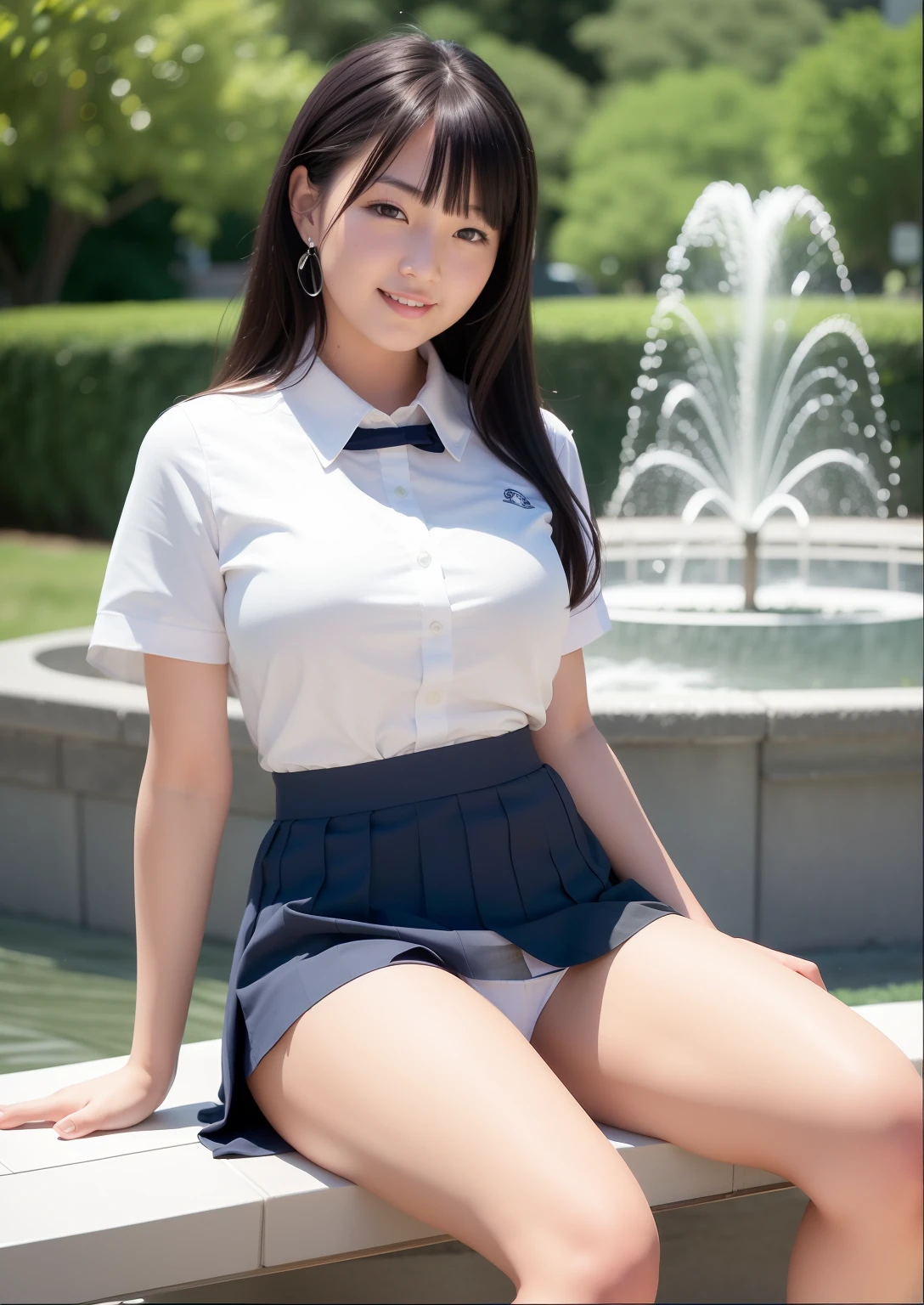 NSFW, 4K, 8K, 16 K, masutepiece, Best Quality, 超A high resolution, high-definition RAW color photography, professional photograpy, (photographrealistic:1.5), depth of fields, Lens Glow, Nikon D850, 45.75 megapixels,Best ISO setting 25600 on DSLRs, Small opening size, (Full body:1.3), (From below:1.5), (Looking at Viewer:1.5), (Sitting on a park bench:1.5), (hugging own legs:1.5),
( asian girl:1.6), (Young Pretty Idol:1.3), (super model), (Japanese Idol:1.3), (Cute Schoolgirl:1.7),
(high detailed cute face:1.7), (High detailed eyes:1.7), (large eyes with double eyelids:1.8), (Cute eyes:1.7), (Smile:1.9),
(Black hair), (School uniform:1.7), (Huge breasts:1.9), (Erect :1.7),
(short sleeves school uniform:1.7), (Mini skirt:1.8)(Clothes lift:1.4), (Skirt lift:1.7), (pantyshot:1.9), (White panty:1.8),
highly detailed back ground, (Park:1.8), (izumi:1.8), (Water splash:1.4), (The wind is blowing strongly:1.5), enchanting atmosphere, (Sunshine atmosphere:1.3), (Natural lighting:1.5)