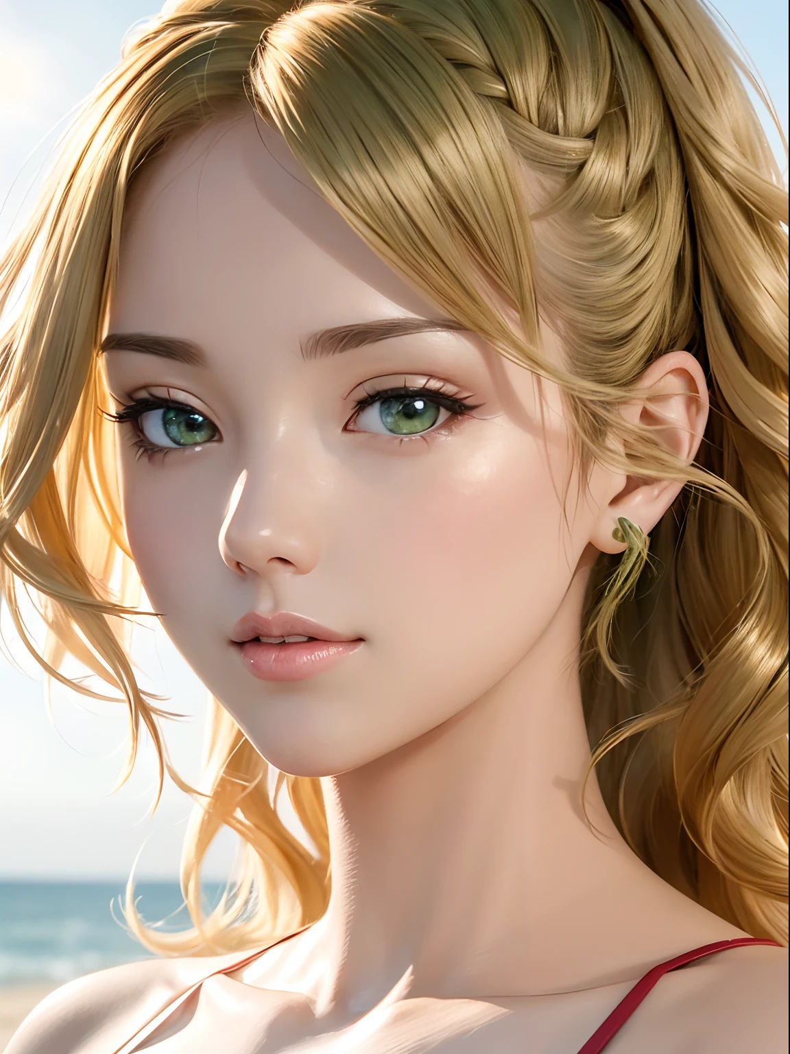 realisitic, high-detail, Hyper Detail, depth of fields, NFSW, 1 Lady, facial close-up, (((1 Lady:1.37, Solo))), (((Extreme close-up of the face))), (Beautiful face, Cute face, Detailed face,), BREAK, ((( Golden hair, Semi-long hair, Hair pulled back, Wavy Hair))), (((Detailed beautiful green eyes,))), BREAK, (((Sunny))), (((in beach))), BREAK, blazing, Shiny skin, extremely detailed CG unified 8k wallpaper, very fine 8KCG wallpaper, (masterpiece, Best Quality), High resolution, Ultra-detailed, ultra-sharp, Cinematic lighting、(all nude:1.5)