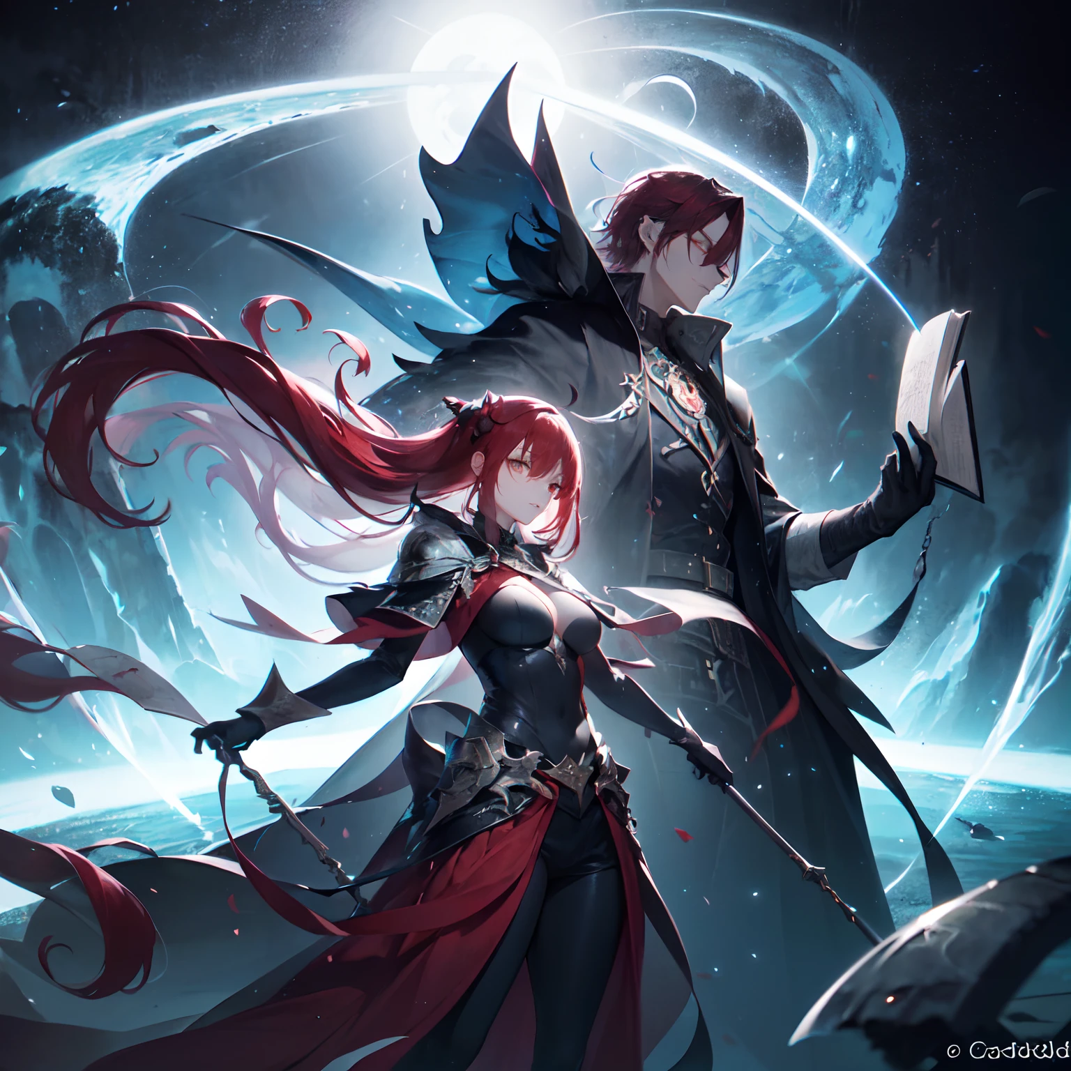 In a vast, multi-realm universe, a tall, fierce female with flowing red hair and striking features stands defiantly, juxtaposed against a male of average height, black shoulder-length hair emanating an aura of dark mischief. Between them, a radiant blue book, the Book of Fiction, hovers, pulsating with raw power. Twisting, ethereal landscapes stretch out around them, hinting at the infinite dimensions they traverse. Floating islands, cascading waterfalls into the void, and arcane symbols adorn the sky. The atmosphere is thick with tension and mystery, imbued with the dark fantasy essence, awaiting the next chapter of their eternal struggle.
