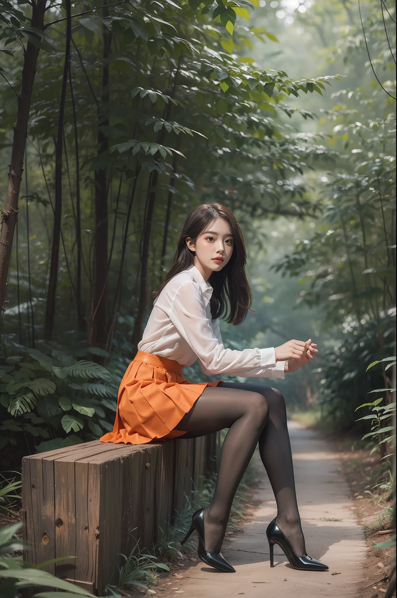 (full body:1.5),(1girl:1.3),(view the viewer:1.4),(anatomy correct:1.3),(Sitting in the forest dancing and dancing:1.2),(Wearing a Orange Red skirt:1.2),(Opaque green pantyhose:1.3),( girl pointed thick heels :1.1),(Accurate and perfect face:1.3),hyper HD, Ray traching, reflective light, structurally correct, Award-Awarded, high detail, lighten shade contrast, Face lighting ,cinematic lighting, masterpiece, super detailing, high quality, high detail, best quality, 16k,High contrast,
