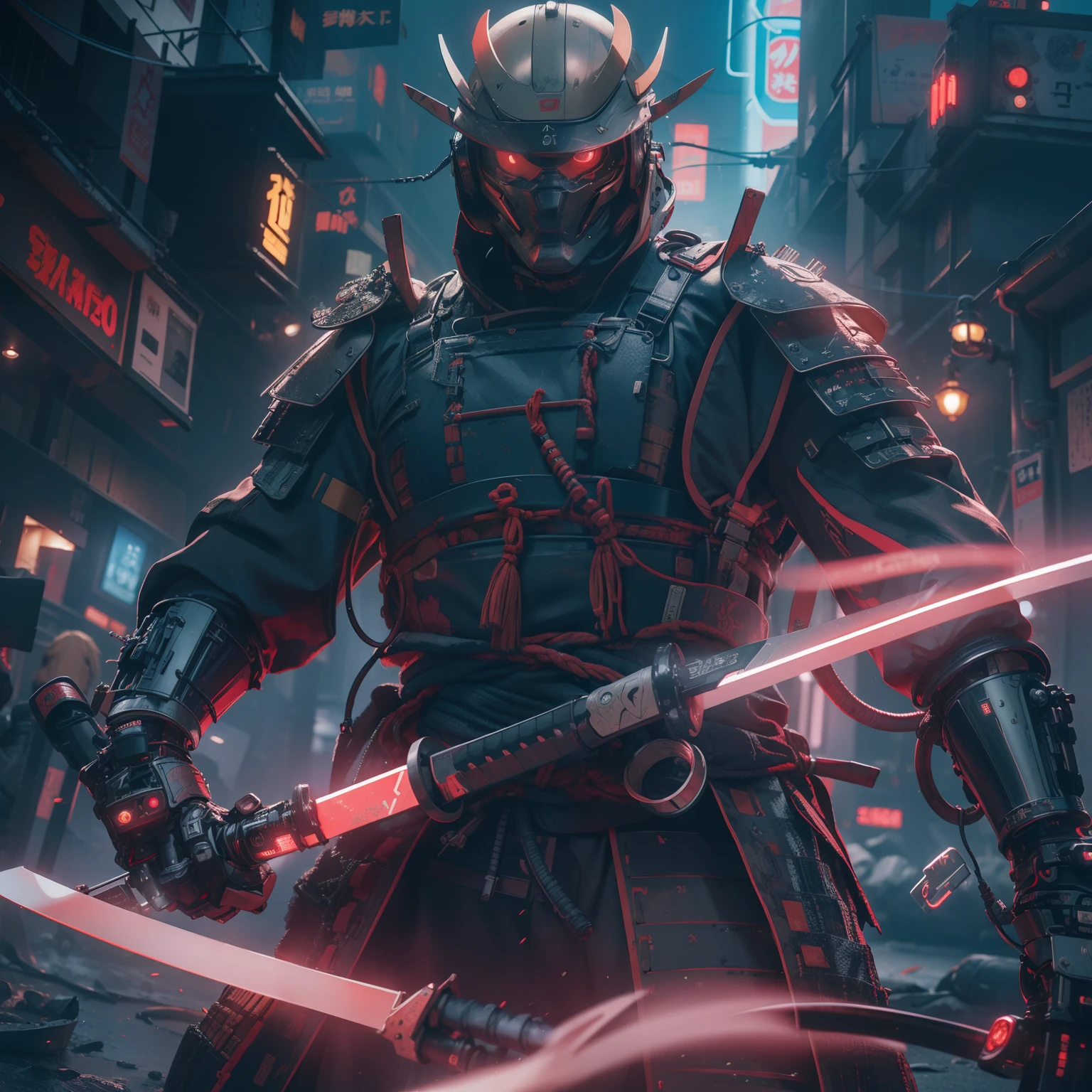 A cybernetic samurai in a dystopian environment, illustration by Hiroshi Tanaka, Fusion of traditional samurai elements with advanced technology, Bright eyes with cybernetic implants, armadura de alta tecnologia, Katana futurista, Neon and smoke on set (best quality), (8K resolution), (Ultra Highres)