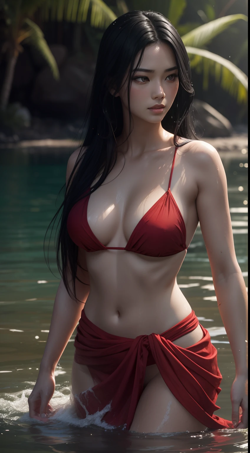 (A beautiful 25 years old female model bathing near the lake), (long black hair), (pale skin), (wet and oily appearance), (serious face), (wearing red sarong), view from front, waist up shot, dynamic pose, ambient lighting, photo realism, intricate face detail, intricate hand details, highly detailed, vibrant colors, cinematic, high definition, trending on Artstation--style raw