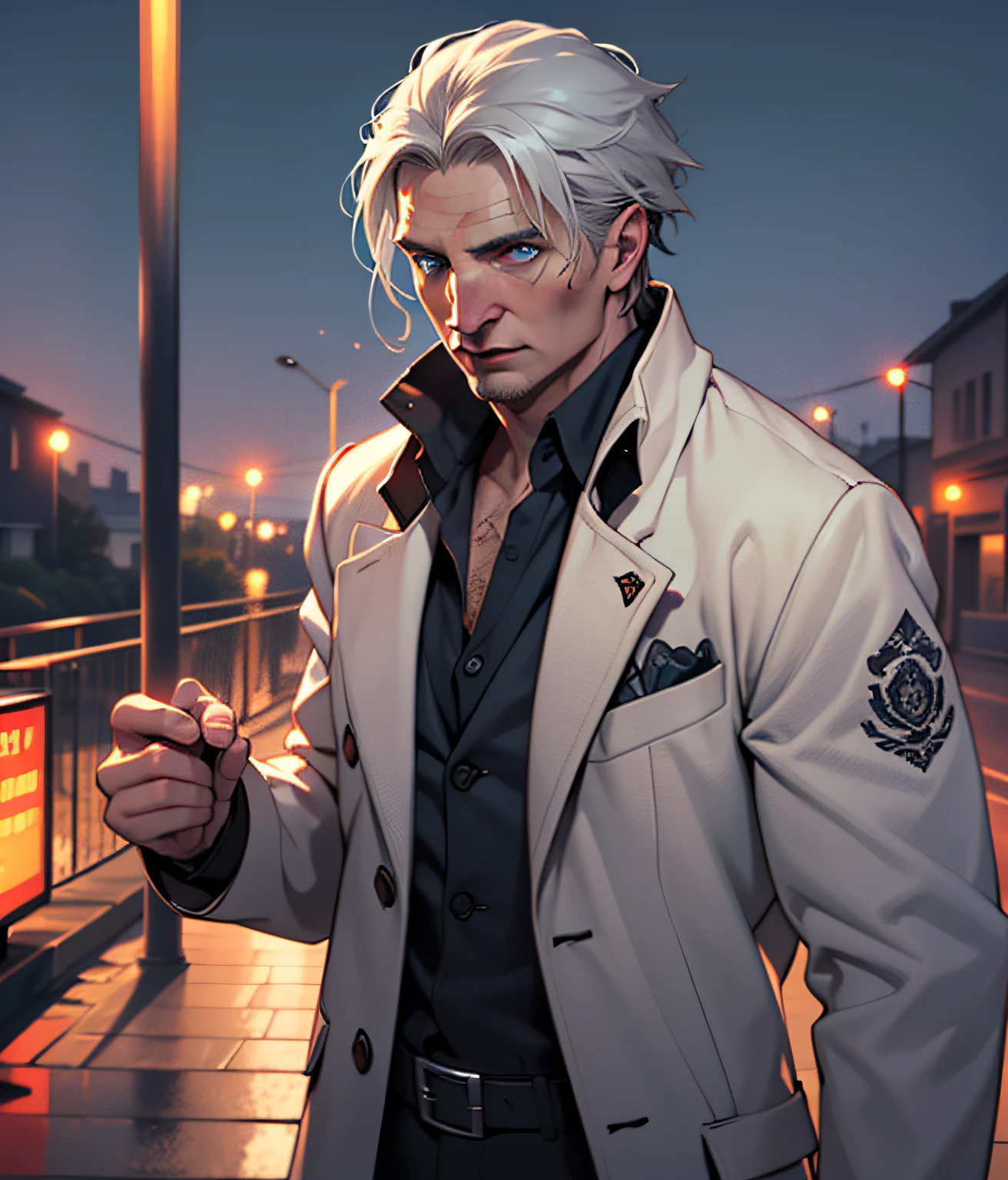 (extremely detailed 8k wallpaper), dark theme, Vampire the Masquerade, modern horror, 2020s, middle-aged man, wearing white private morgue coat, sharp focus, (subsurface scattering:1.1), award-winning photography, centered face, (Liam Neeson's face), (((a vampire from Hecata)))), head-on, full-body shot:1.1, gray hair, supernatural blue eyes, serious expression,  beachfront at night, dramatic lighting