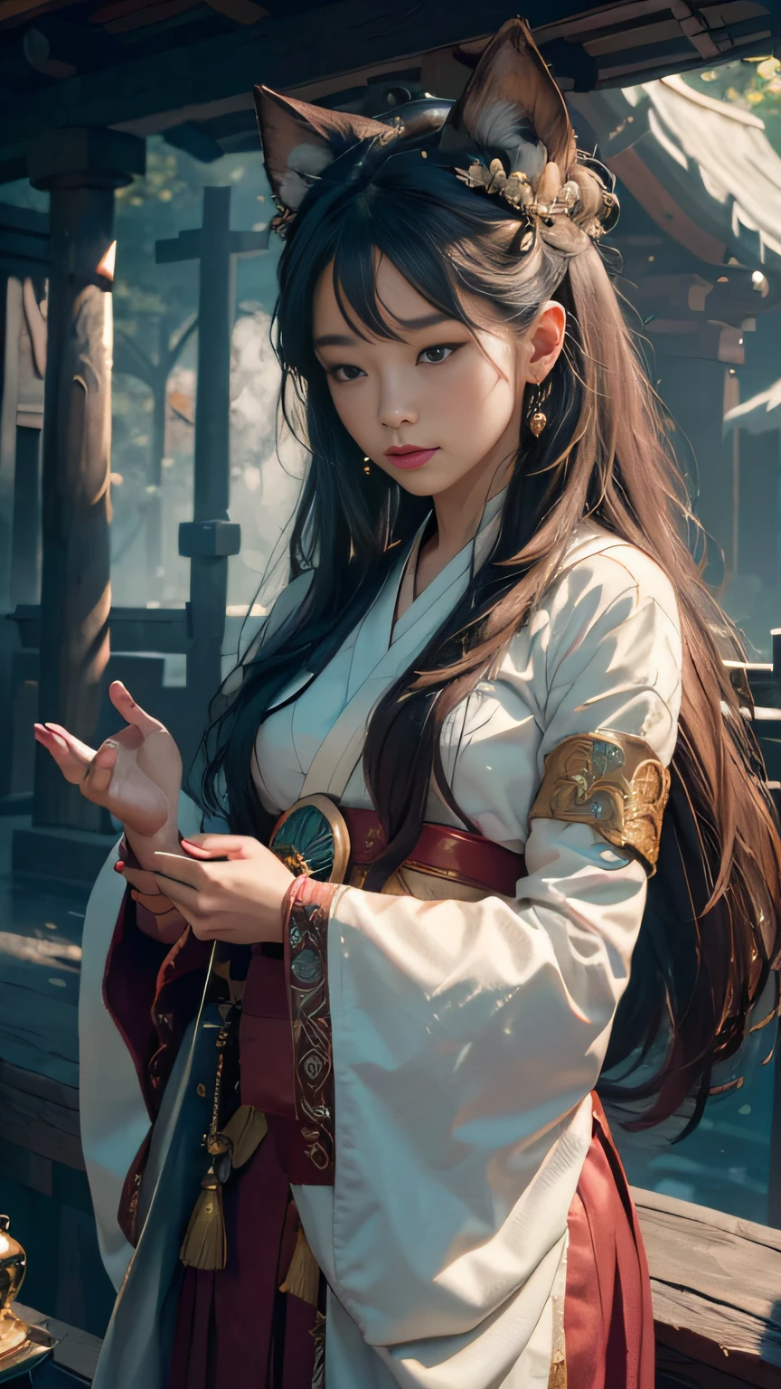 (1girl:1.3),solo,__body-parts__,
official art, unity 8k wallpaper, ultra detailed, beautiful and aesthetic, beautiful, masterpiece, best quality,Fantastical Atmosphere, Calming Palette, Tranquil Mood, Soft Shading,
Miko priestess, charm spell, talisman familiar, shrine maiden duties,