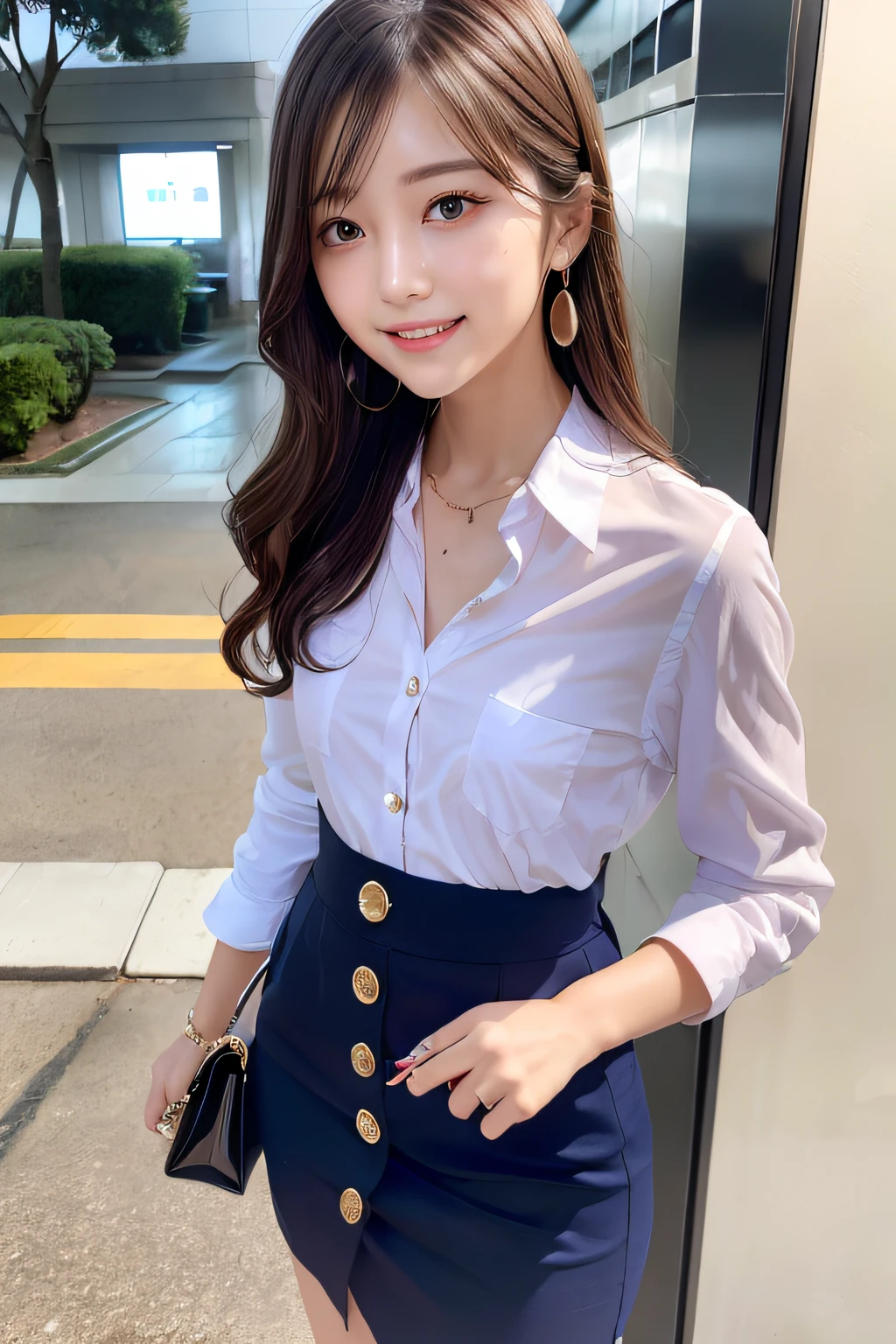 (masterpiece:1.3), high resolution, ultra detailed, extremely detailed CG unity 8k wallpaper, realistic, photo-realistic, RAW photo, beautiful detailed face, pale skin, realistic glistening skin, detailed cloth texture, detailed hair texture, Perfect body, Beautiful Face, accurate, Anatomically correct, Highly detailed face and skin texture, natural neck length, (beautiful hands), (fair skin:1.2), Thin legs, Thin feet,
BREAK,
Detailed eyes, symmetric eyes, Light Brown eyes, Double eyelids, Thin eyebrows, (Glossy lips:1.4), ((grin:1.2)), (blush:1.1),
BREAK,
(A Classy and Cute girl:1.3), (wearing a classy Light Purple Button shirt:1.2),
BREAK,
(irregular hem skirt of Navy color:1.2),
medium large breasts, (slender figure:1.1), firm abs, beautiful clavicle,
(Dark blonde hair, wavy hair, long hair:1.2), ((asymmetrical bangs:1.2)),
BREAK,
(Standing with holding a small bag at in front of waist:1.2),
(In the entrance of modern office building of Japan at night:1.3), (Cowboy shot:1.2), looking at viewer,