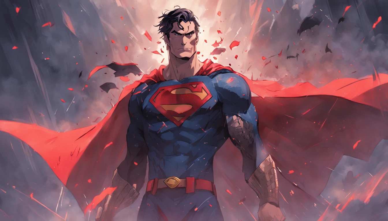"Superman Viking com rosto do giurosa, Sorriso esquerdo, blood tears, sombrio, qualidade excepcional, multiple facial scars, superman que ri, armadura viking das trevas, Gothic style."