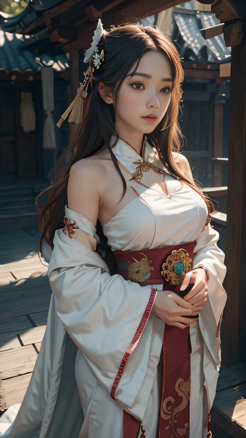 (1girl:1.3),solo,__body-parts__,
official art, unity 8k wallpaper, ultra detailed, beautiful and aesthetic, beautiful, masterpiece, best quality,Fantastical Atmosphere, Calming Palette, Tranquil Mood, Soft Shading,
Miko priestess, charm spell, talisman familiar, shrine maiden duties,