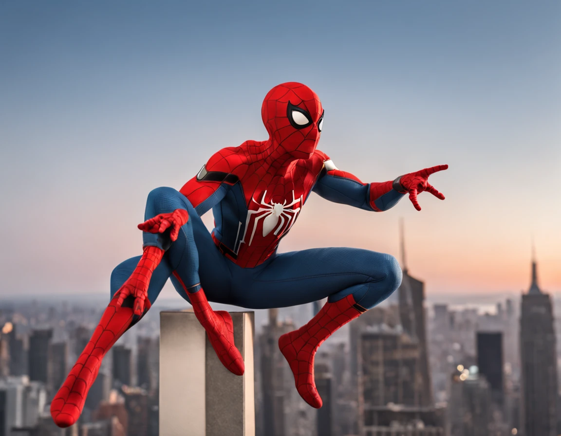 A spider-man on top of a skyscraper, cena de filme 8k, ::n_ desenho, Imperfection, baixa qualidade, boneco, jogo, anime, texto