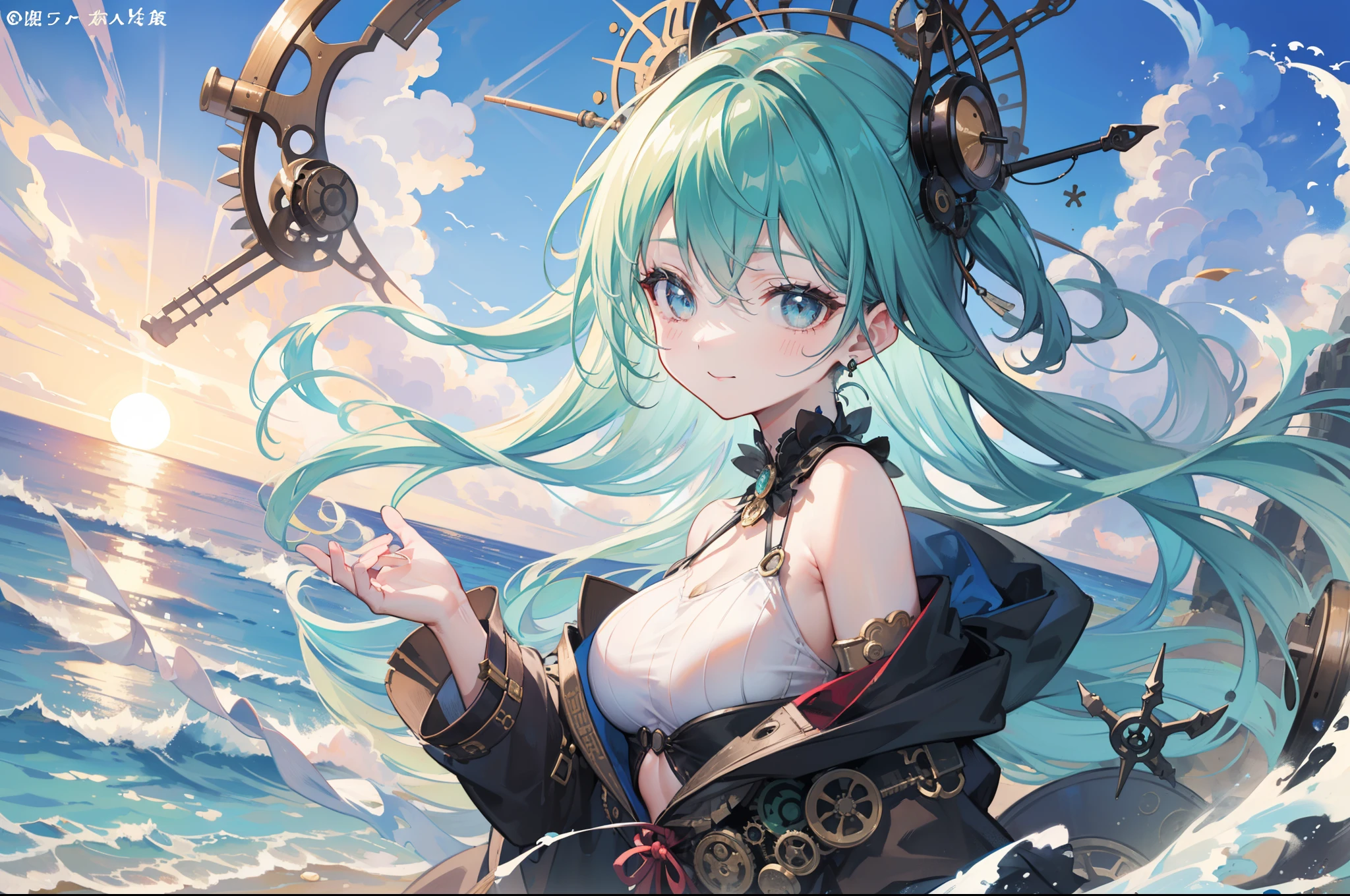 the beach、steampunc、steams、Vapors in the air、gear wheel, Clocks and plumbing、夏天、Beautuful Women、Steampunk style colorful swimsuit、Depiction of green only、Eliminate black color、Midday Sun、steams、Large space、high sky、​​clouds、intricate illustrations、Overwhelming drawing、Smooth depiction、Countless gear and watch decorations、Sheer sunlight、Beautiful eyes drawn down to the smallest detail、perfectly proportions、Balance of the whole body、A smile、zoomout、ink drops、