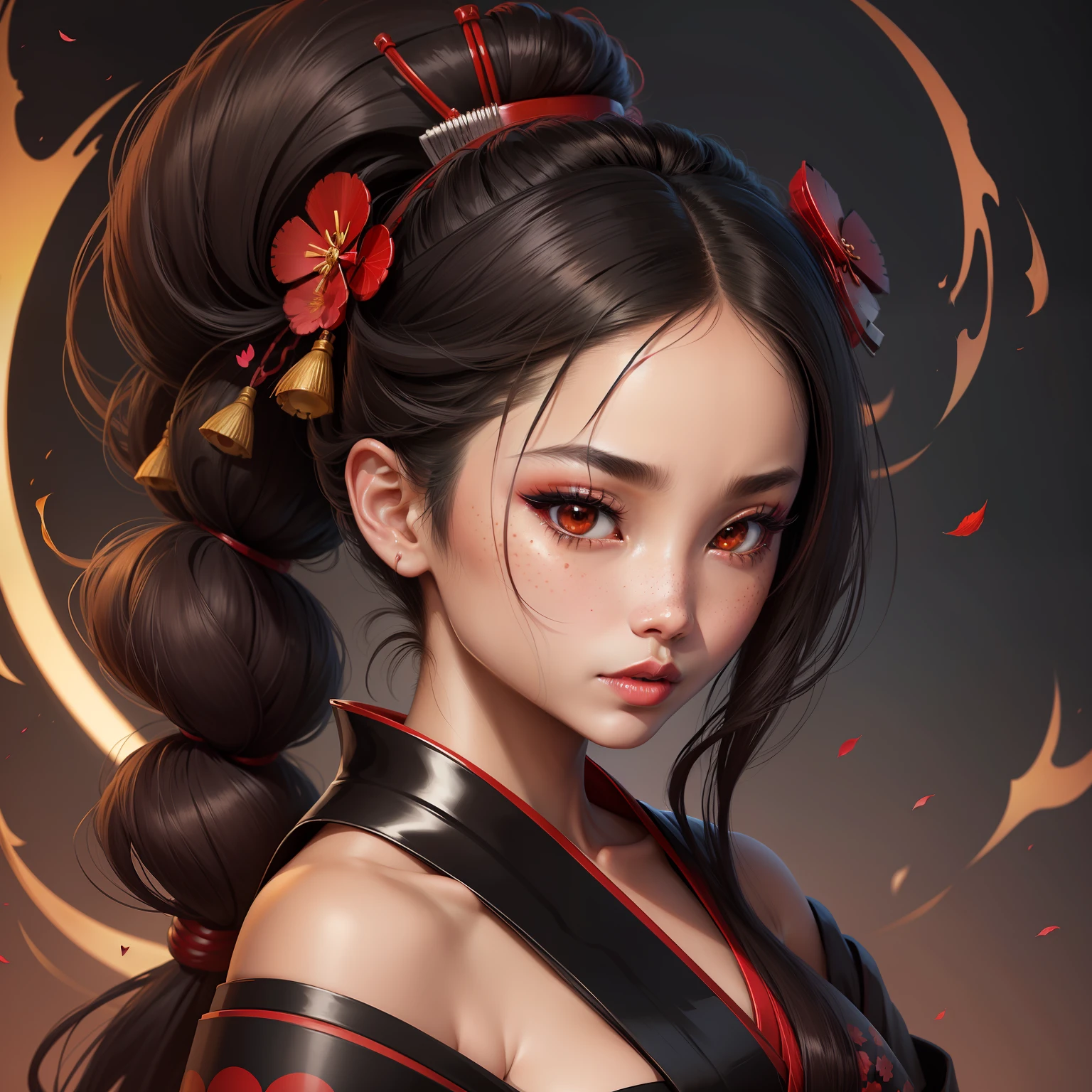 Seductive geisha, wear black kimono, black hair, red moon, dark skin complexion, cherry blossom on hair, 4k, almond eyes, big lip, logo, heart shape face, face fuller, sexy hair tied up, black eyes, dark red lipstick, female samurai warrior, swords, face shots, head shots, freckles on the face, up close head face shots, full hair, brown skin tanned