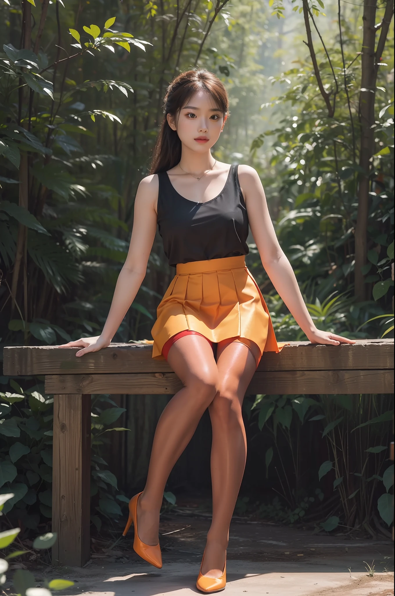 (full body:1.5),(1girl:1.3),(view the viewer:1.4),(anatomy correct:1.3),(Sitting in the forest dancing and dancing:1.2),(Wearing a Orange Red skirt:1.2),(Opaque green pantyhose:1.3),( girl pointed thick heels :1.1),(Accurate and perfect face:1.3),(Long legs:1.3),hyper HD, Ray traching, reflective light, structurally correct, Award-Awarded, high detail, lighten shade contrast, Face lighting ,cinematic lighting, masterpiece, super detailing, high quality, high detail, best quality, 16k,High contrast,