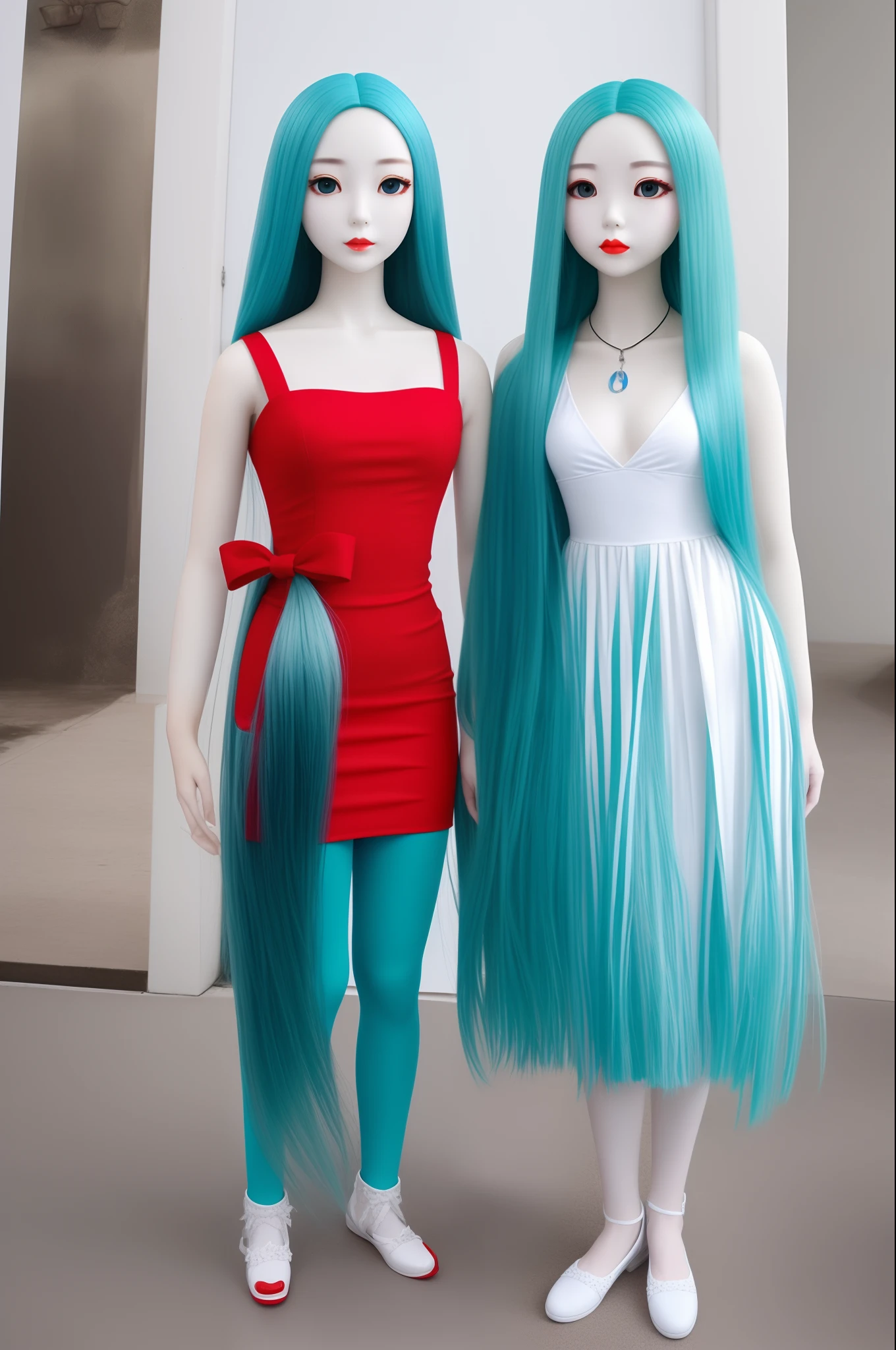Long cyan hair,Short red dress,Puppets,small stature,Breasts medium size,Cold white skin。