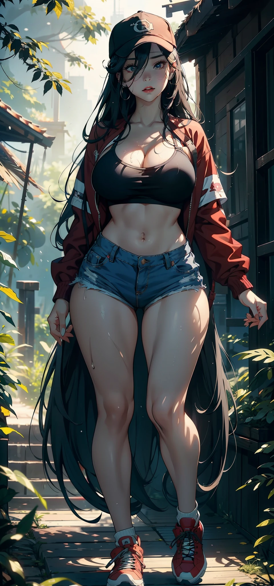 1female，35yo，熟妇，gigantic cleavage breasts，Big breasts Thin waist，long leges，Pornographic exposure， 独奏，（Background with：ln the forest，the rainforest，in summer） She has long black hair，standing on your feet，Sweat profusely，drenched all over the body，seen from the front， hair straight， mostly cloudy sky，（（（tmasterpiece），（Very detailed CG unity 8K wallpaper），best qualtiy，cinmatic lighting，detailed back ground，beatiful detailed eyes，Bright pupils，（Very fine and beautiful），（Beautiful and detailed eye description），ultra - detailed，tmasterpiece，）），facing at camera，Full body photo，A high resolution，ultra - detailed），revealing breasts，Bare genitalia， Lower body elevation，Raised sexy，Camel toes，Flushed complexion，Open-mouthed，frontage，baseball cap（Wearing：Red baseball jacket，denim short，athletic sneakers）nakeness，