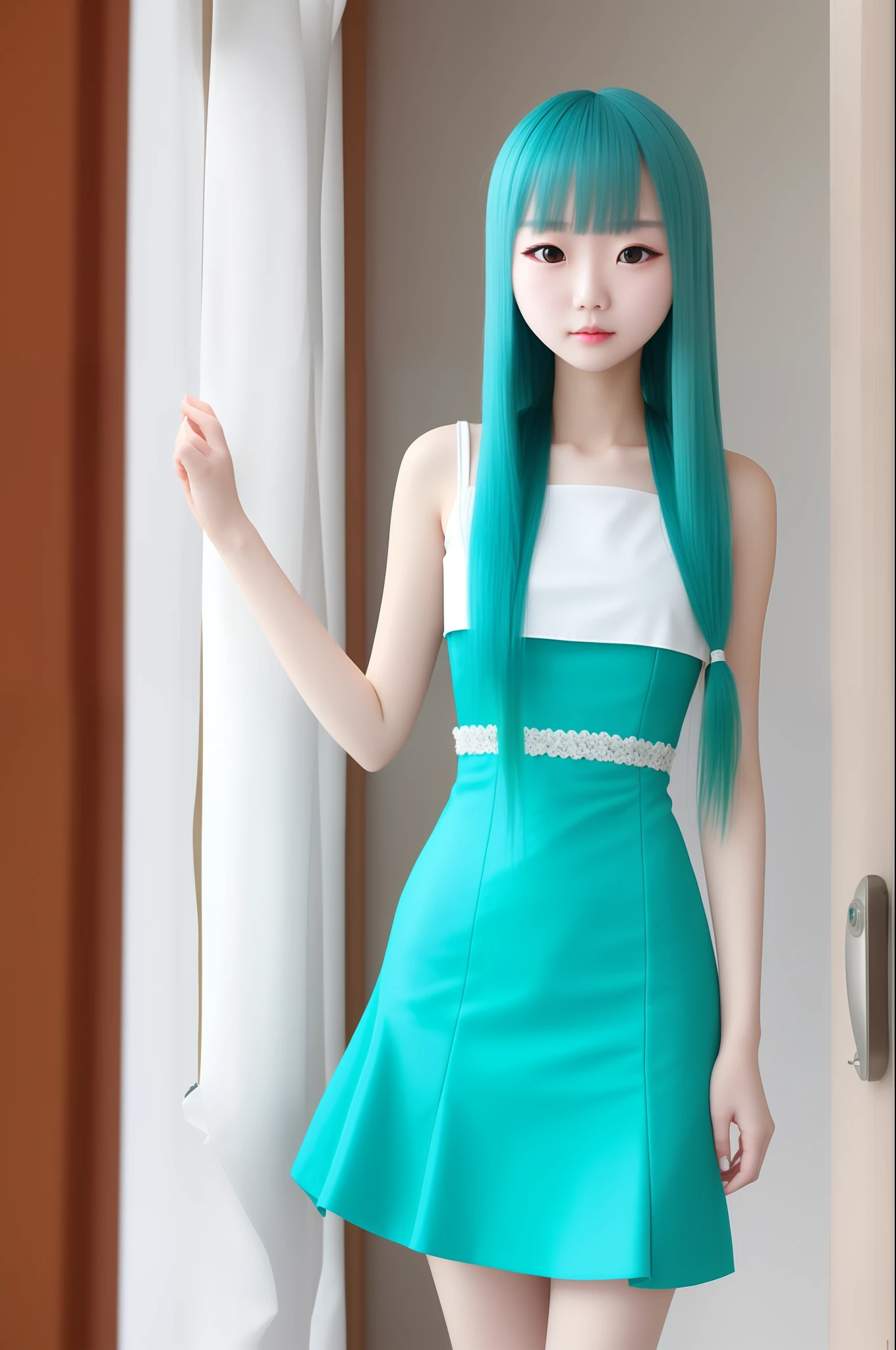 Long cyan hair,Short red dress,Puppets,small stature,Breasts medium size,Cold white skin。