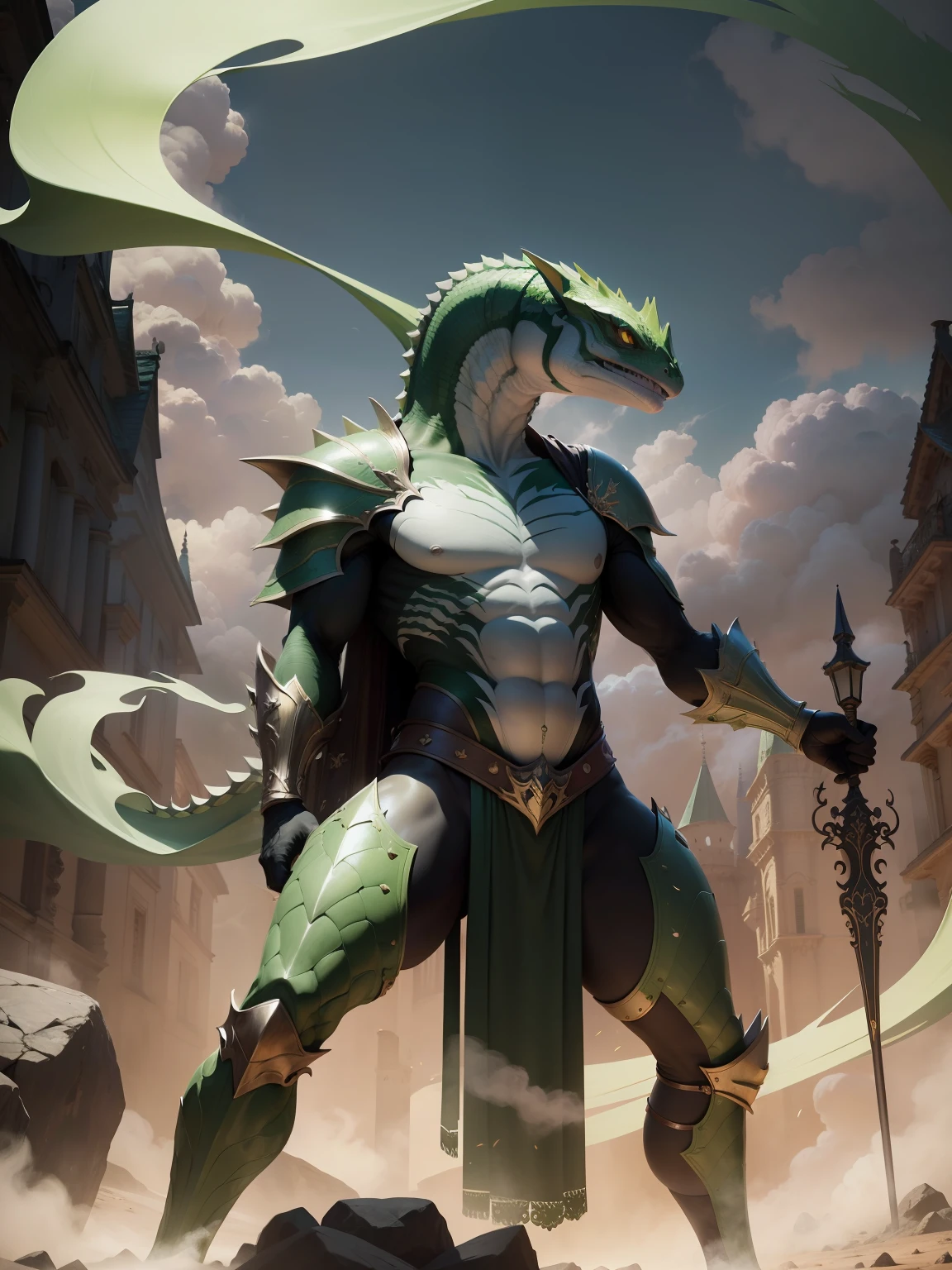 armadura dourada, Lagarto, escudo, castelo, veneno, smoke billowing, veneno verde, green smoke, Vapor verde, place covered with green smoke, veneno verde, green acid, gosma verde, action pose, demonio, armas, Rabo Asqueiroso, corpo inteiro,magro, esguio, escala, From head to toe, lizard head