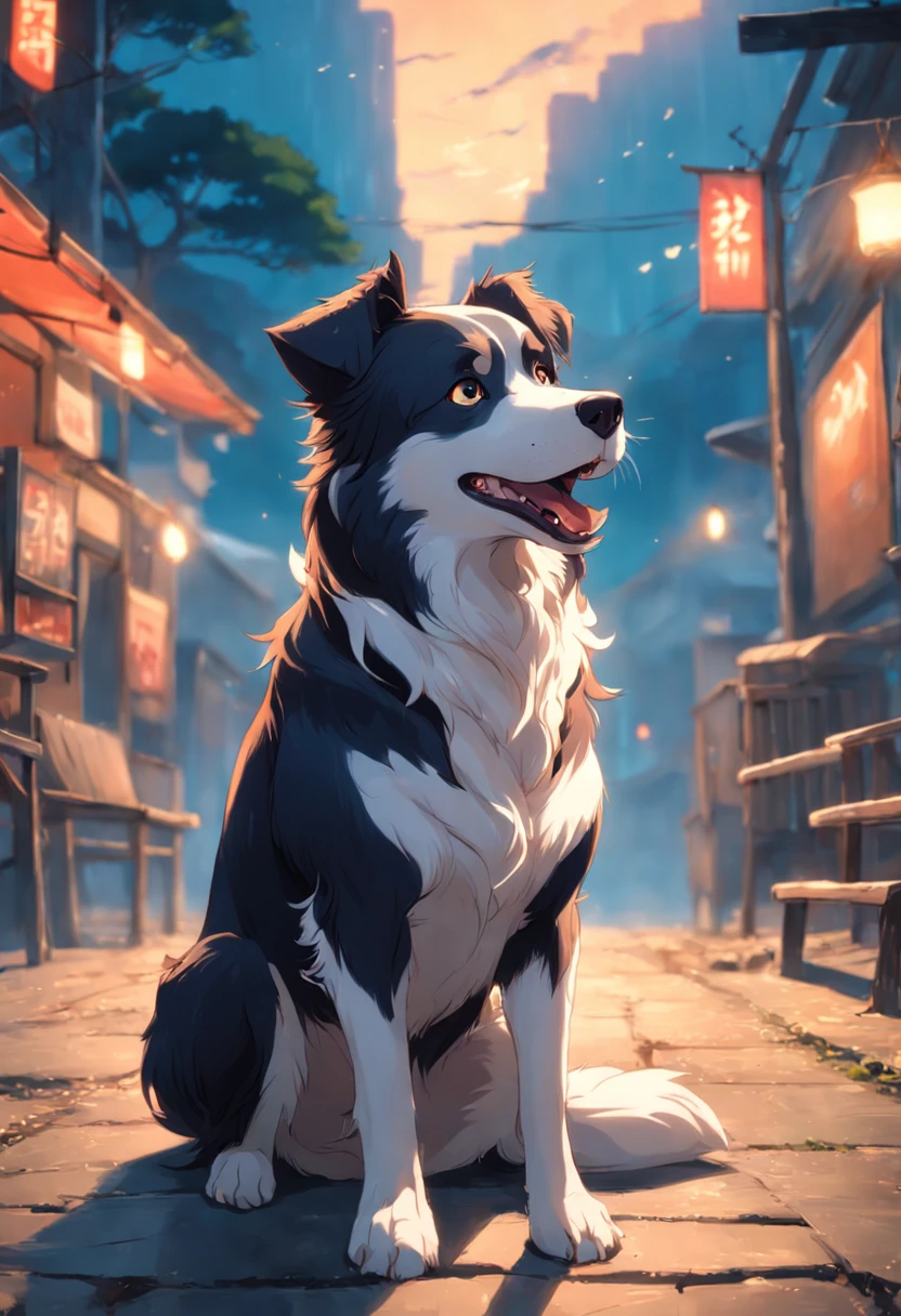 A dog sits on the ground,border collie,Extremely quality,Long is very handsome,Open your mouth happily