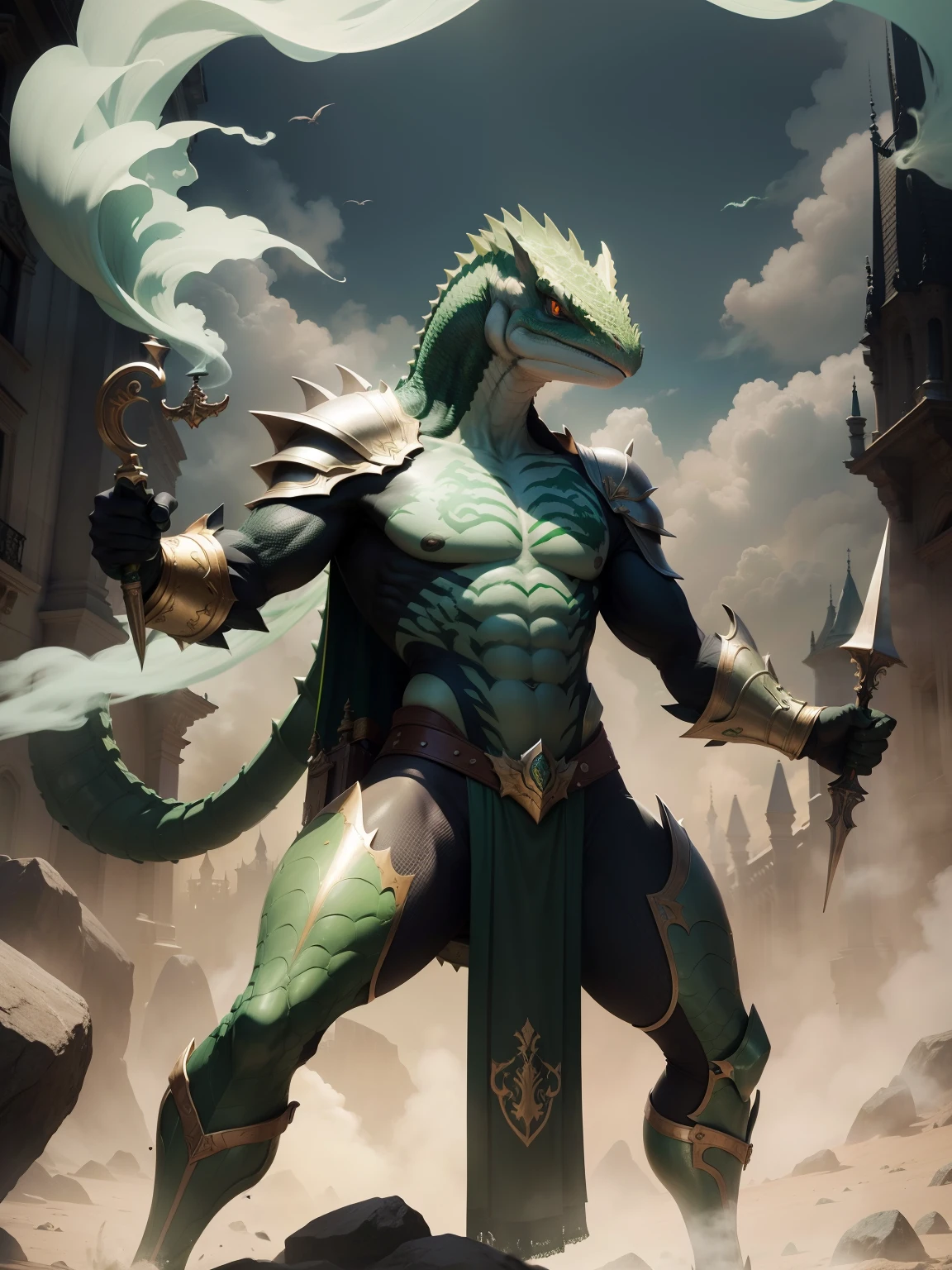 armadura dourada, Lagarto, escudo, castelo, veneno, smoke billowing, veneno verde, green smoke, Vapor verde, place covered with green smoke, veneno verde, green acid, gosma verde, action pose, demonio, armas, Rabo Asqueiroso, corpo inteiro,magro, esguio, escala, From head to toe, lizard head